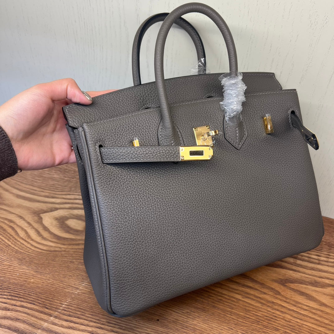 Luxury Togo Leather Handbag Birkin Style with Gold Hardware - Etoupe