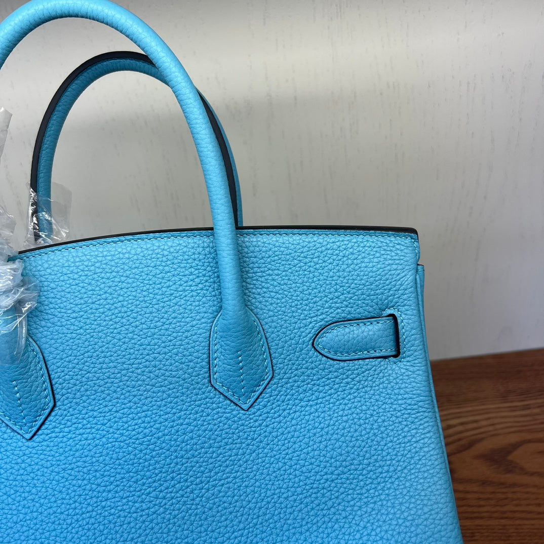 Bright Blue Textured Leather Top Handle Satchel Bag