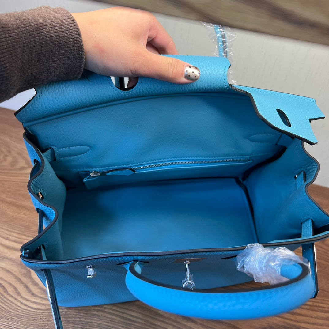 Bright Blue Textured Leather Top Handle Satchel Bag