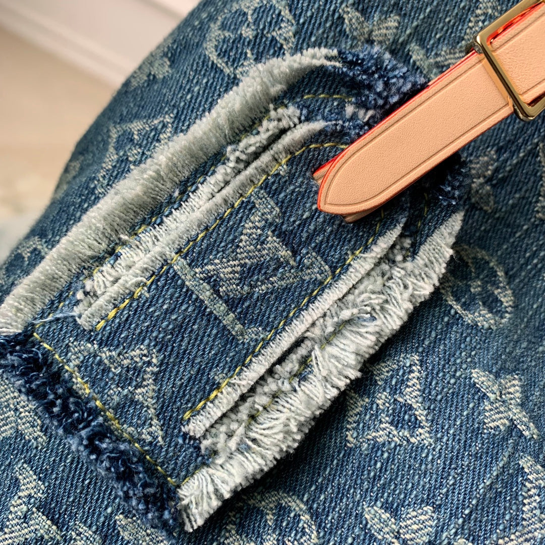 Louis Vuitton Classic Blue Monogram Denim Shoulder Handbag with Leather Bow
