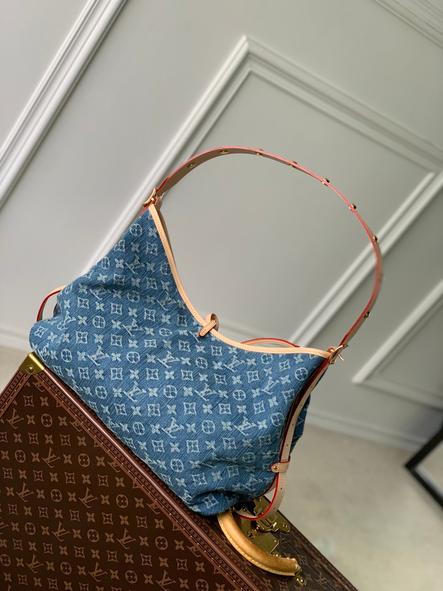 Louis Vuitton Classic Blue Monogram Denim Shoulder Handbag with Leather Bow