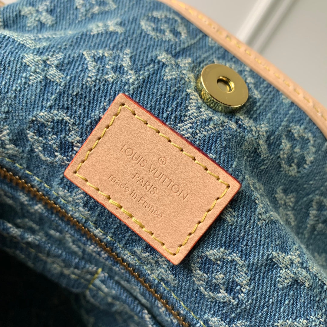 Louis Vuitton Classic Blue Monogram Denim Shoulder Handbag with Leather Bow