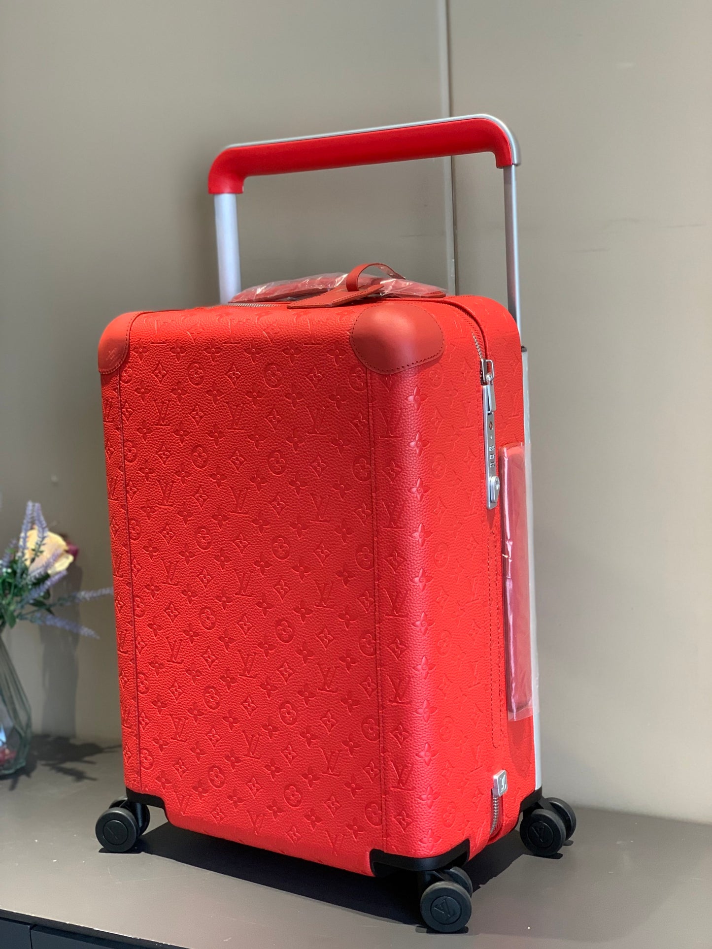 Red Monogram Embossed Hardshell Rolling Suitcase Travel Luggage