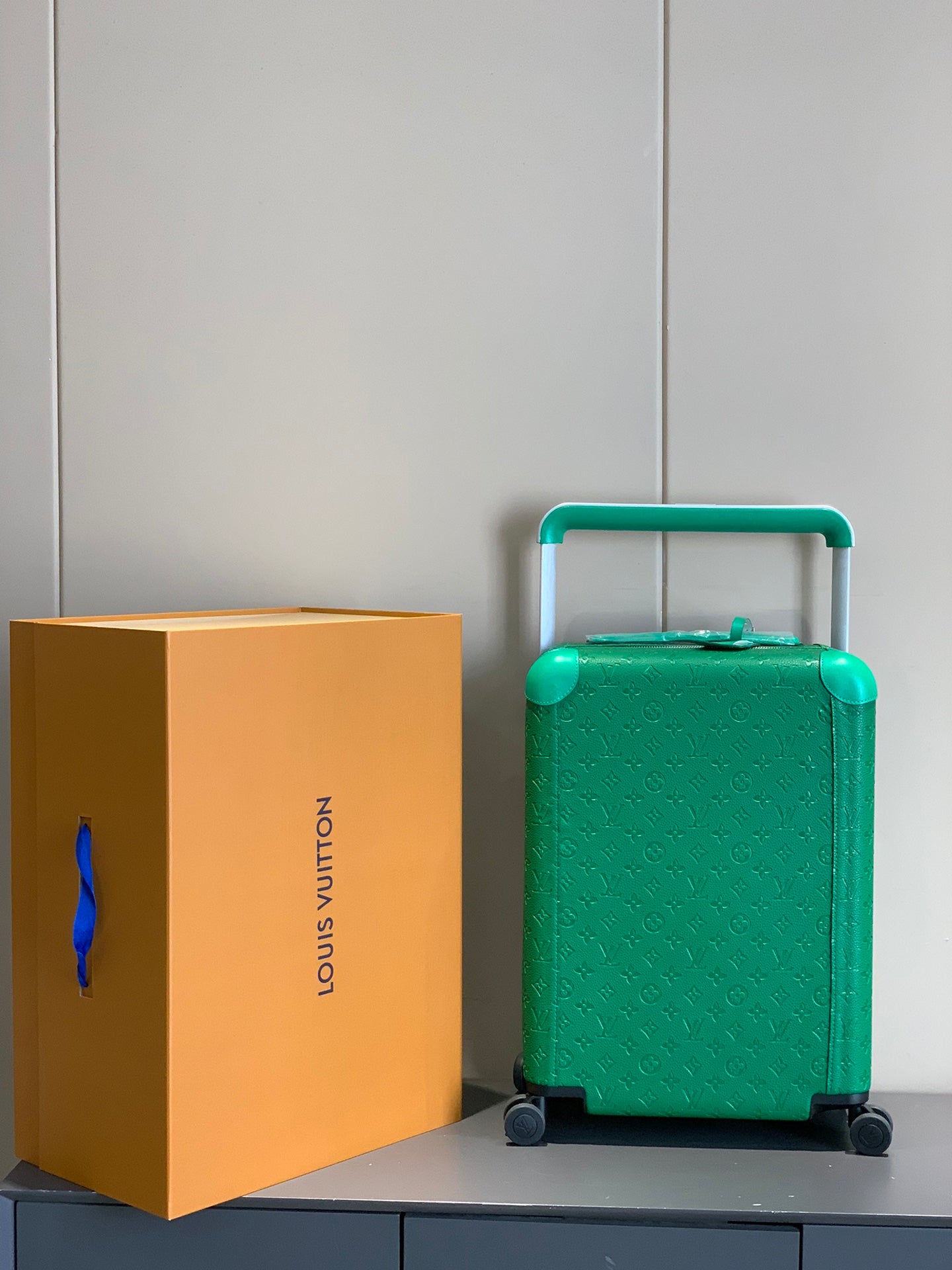 Green Embossed Monogram Leather Rolling Carry-On Spinner Suitcase