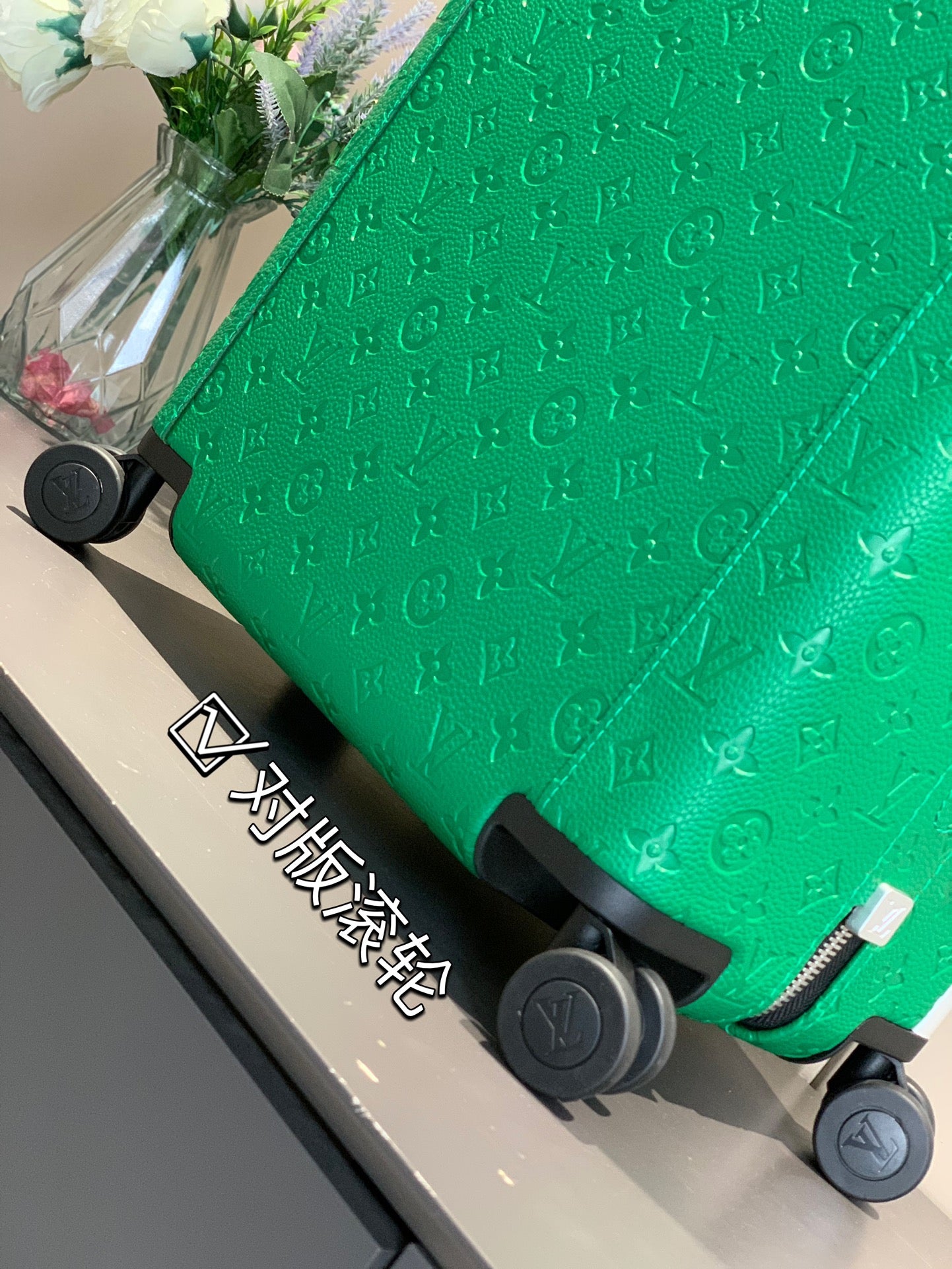 Green Embossed Monogram Leather Rolling Carry-On Spinner Suitcase