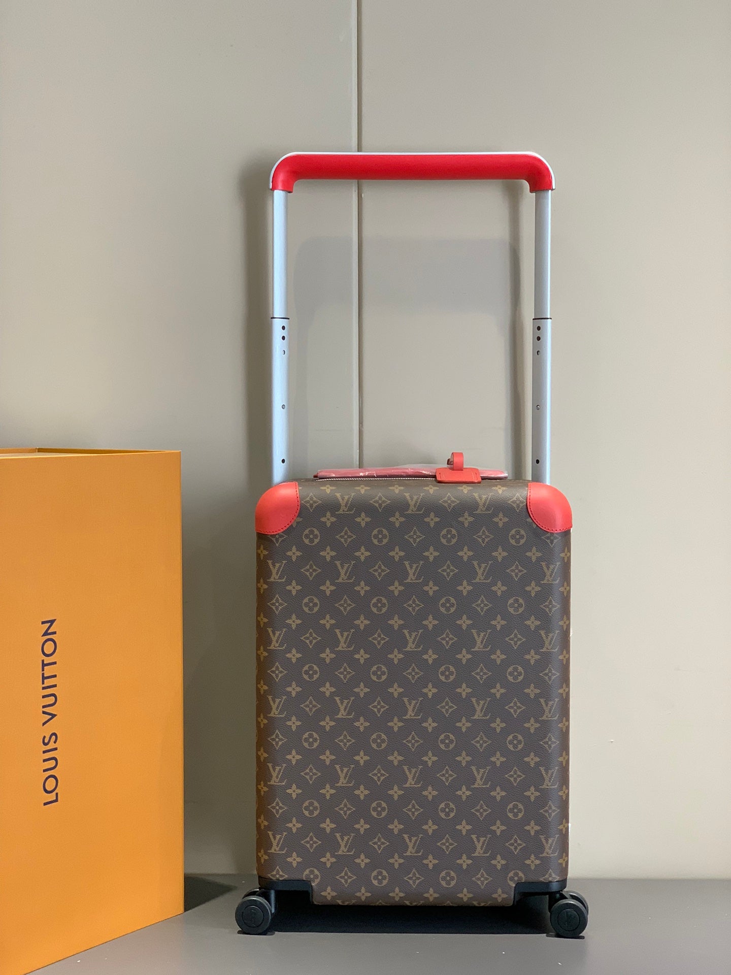 Classic Brown Monogrammed Carry-On Spinner Suitcase with Red Trim
