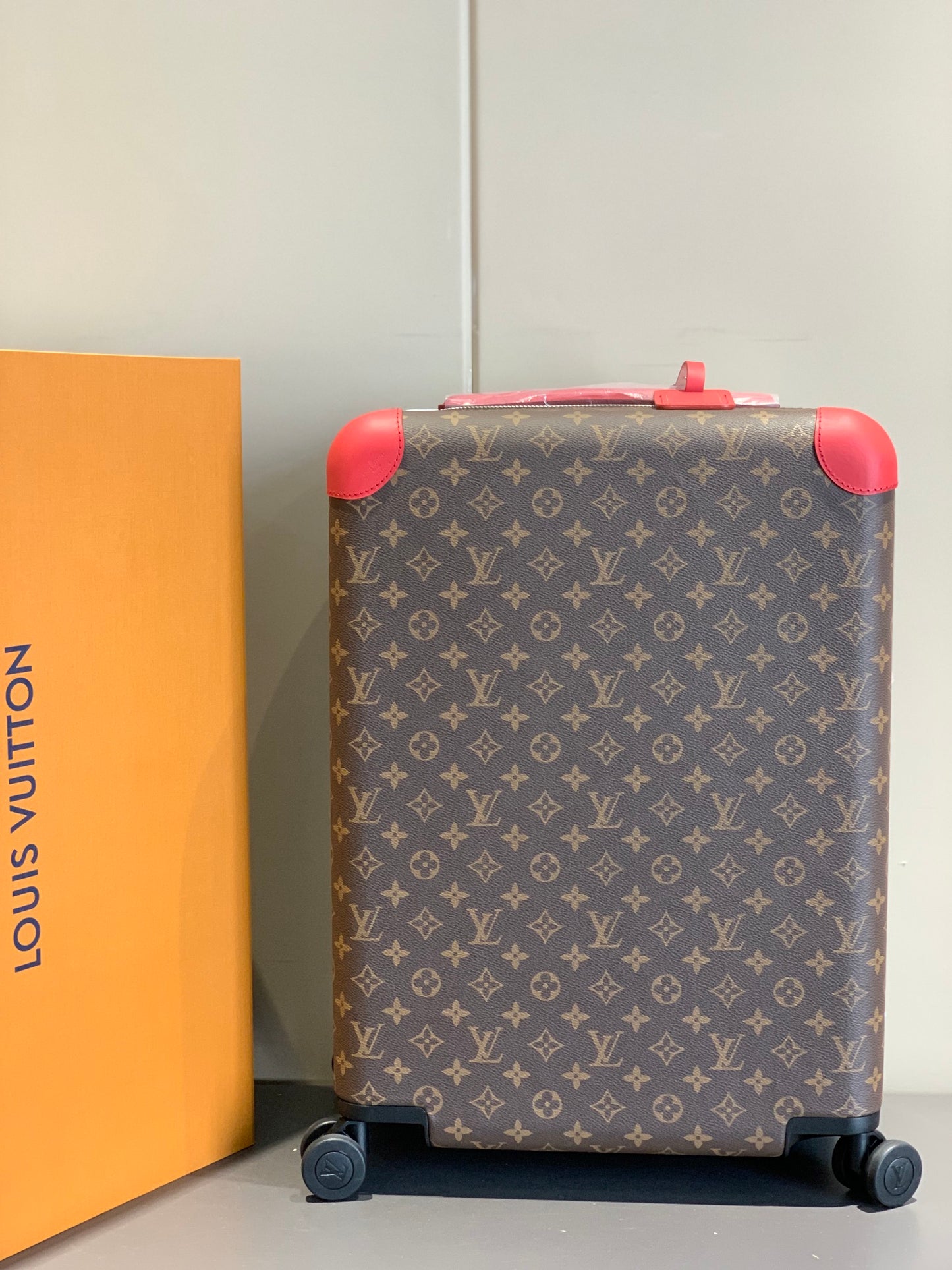 Classic Brown Monogrammed Carry-On Spinner Suitcase with Red Trim