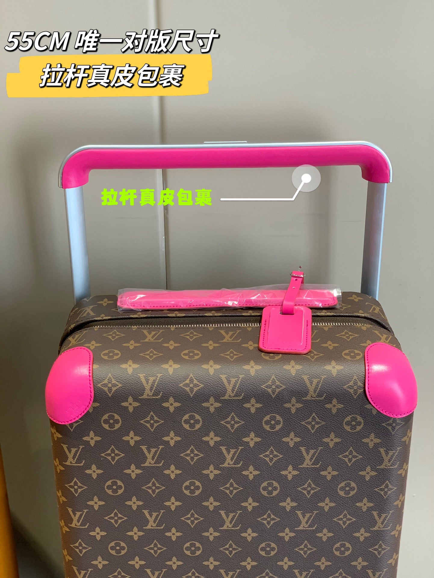 Brown Monogram Carry-On Suitcase with Hot Pink Handle and Wheels