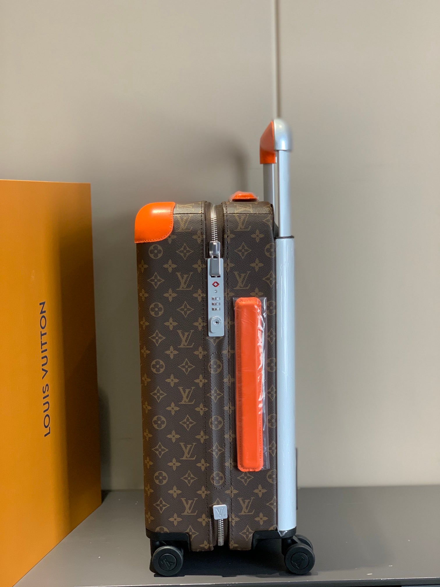 Brown Monogram Spinner Suitcase with Orange Trim Luxury Travel Luggage