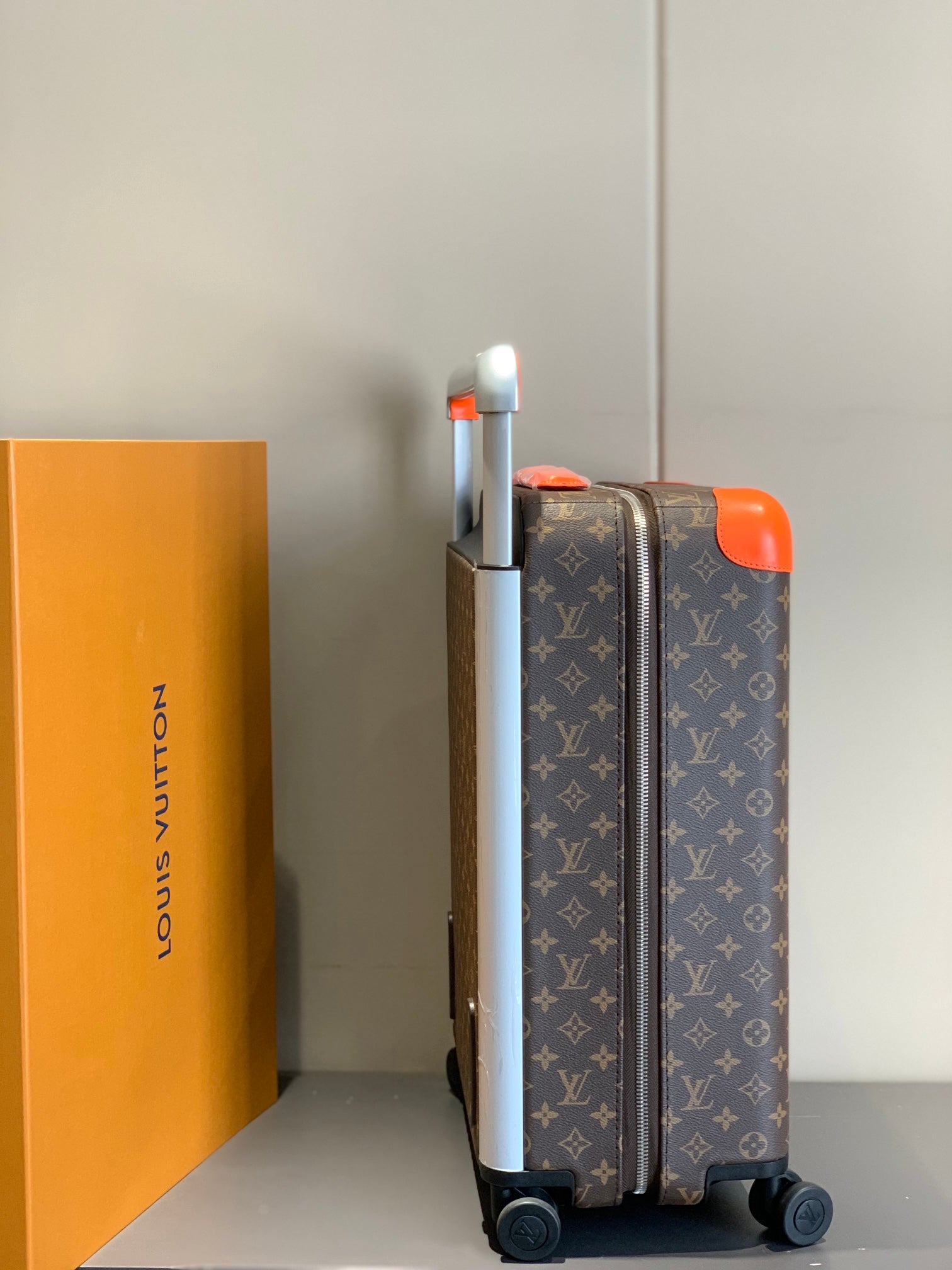 Brown Monogram Spinner Suitcase with Orange Trim Luxury Travel Luggage