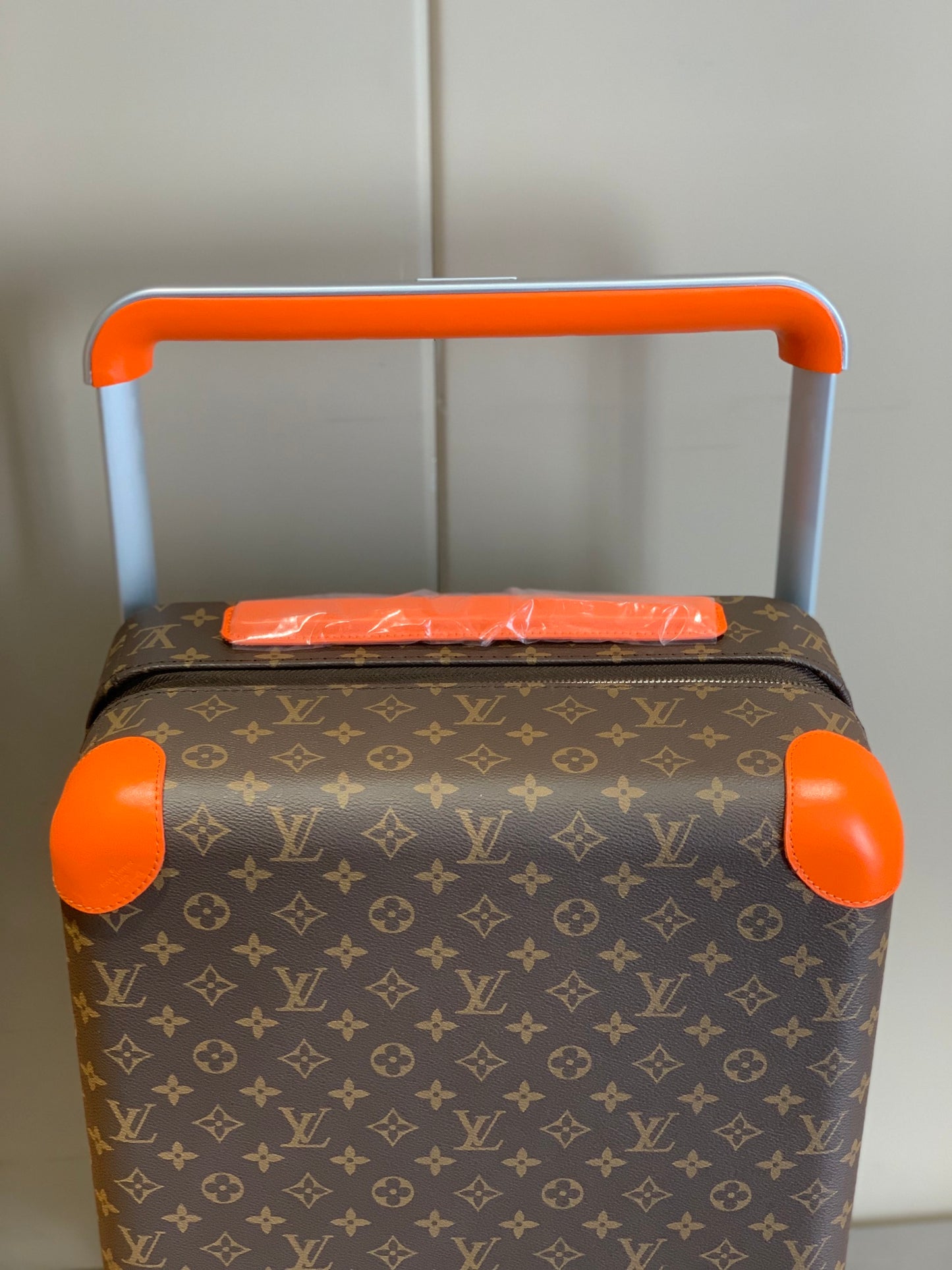 Brown Monogram Spinner Suitcase with Orange Trim Luxury Travel Luggage