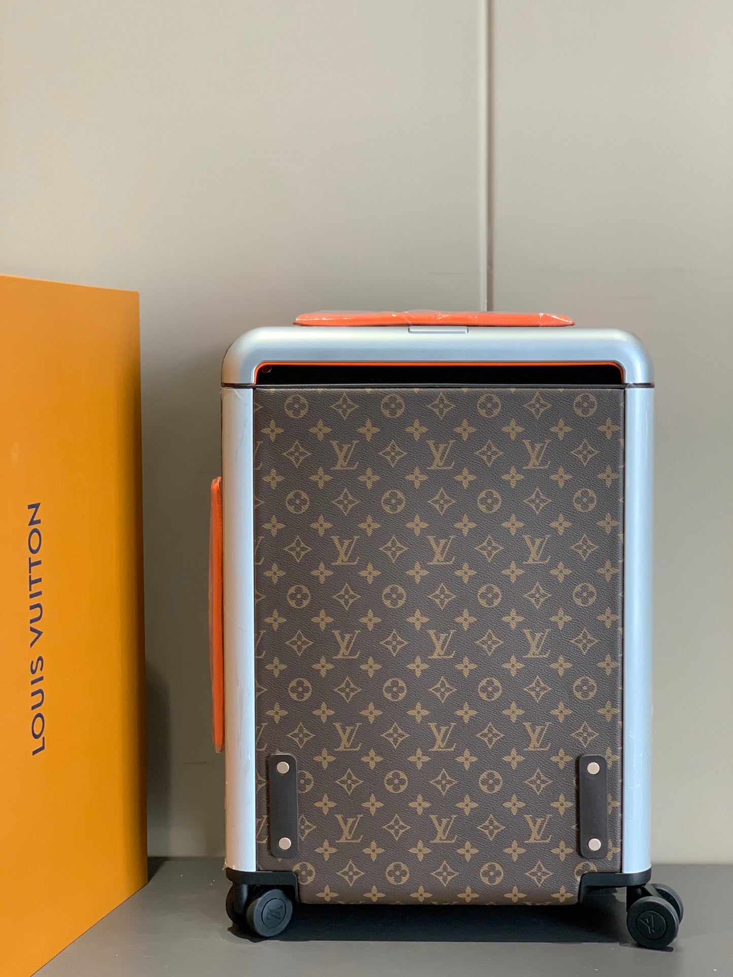 Brown Monogram Spinner Suitcase with Orange Trim Luxury Travel Luggage