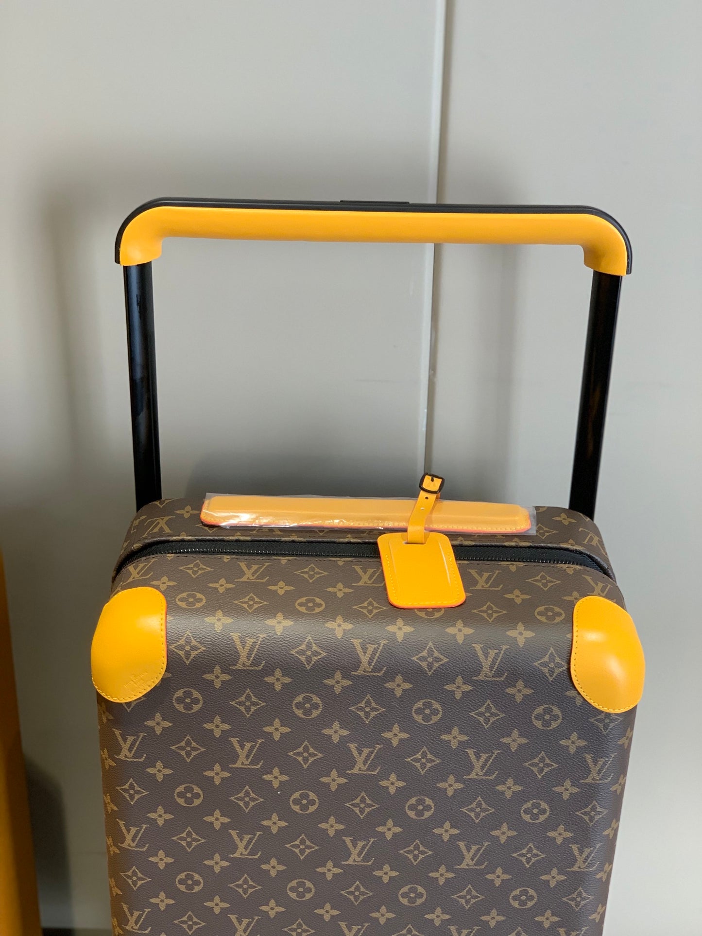 Brown Monogram Spinner Luggage Carry-On Suitcase with Yellow Trim