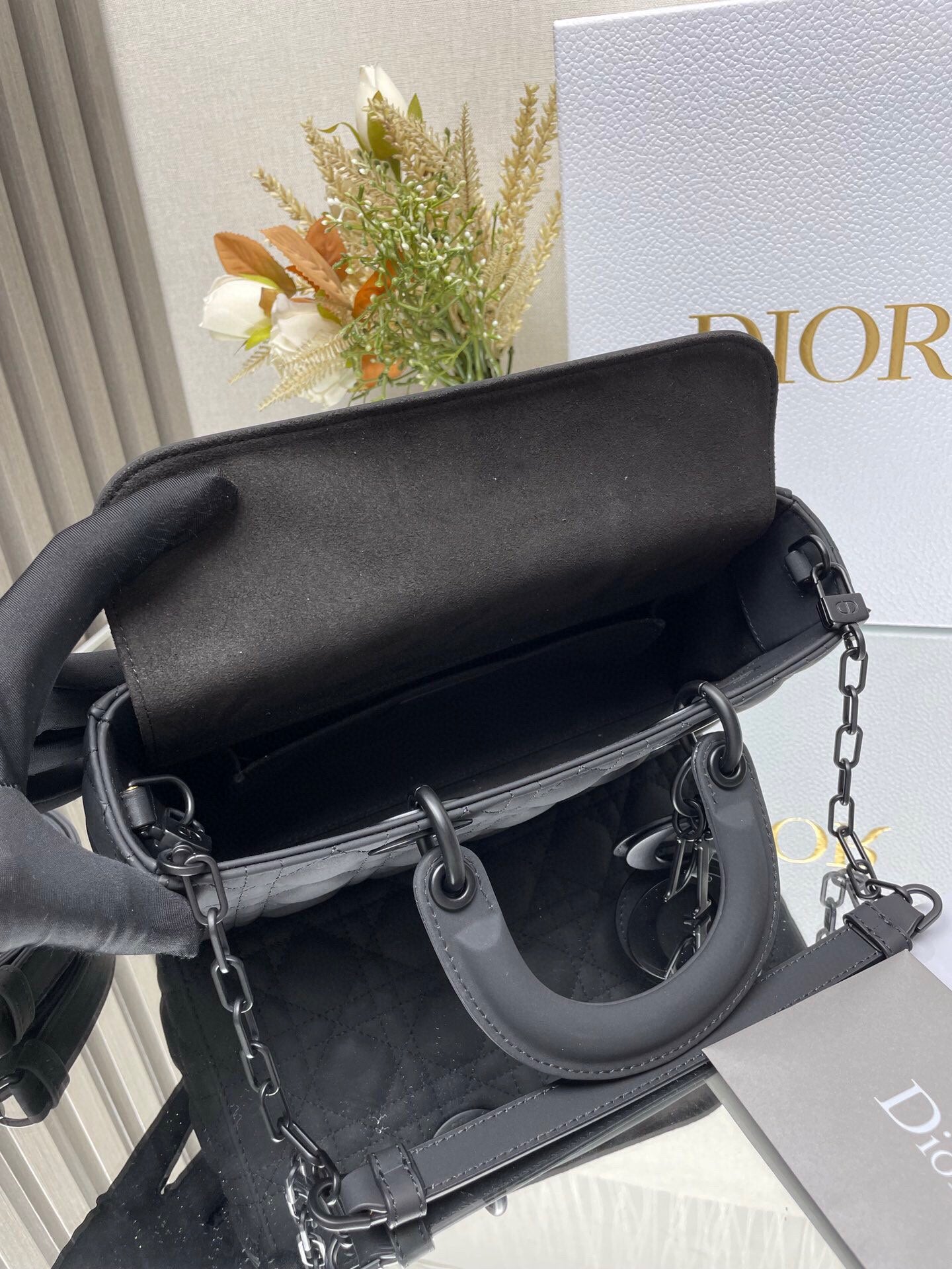 Dior Classic Matte Black Quilted Leather Top Handle Crossbody Bag