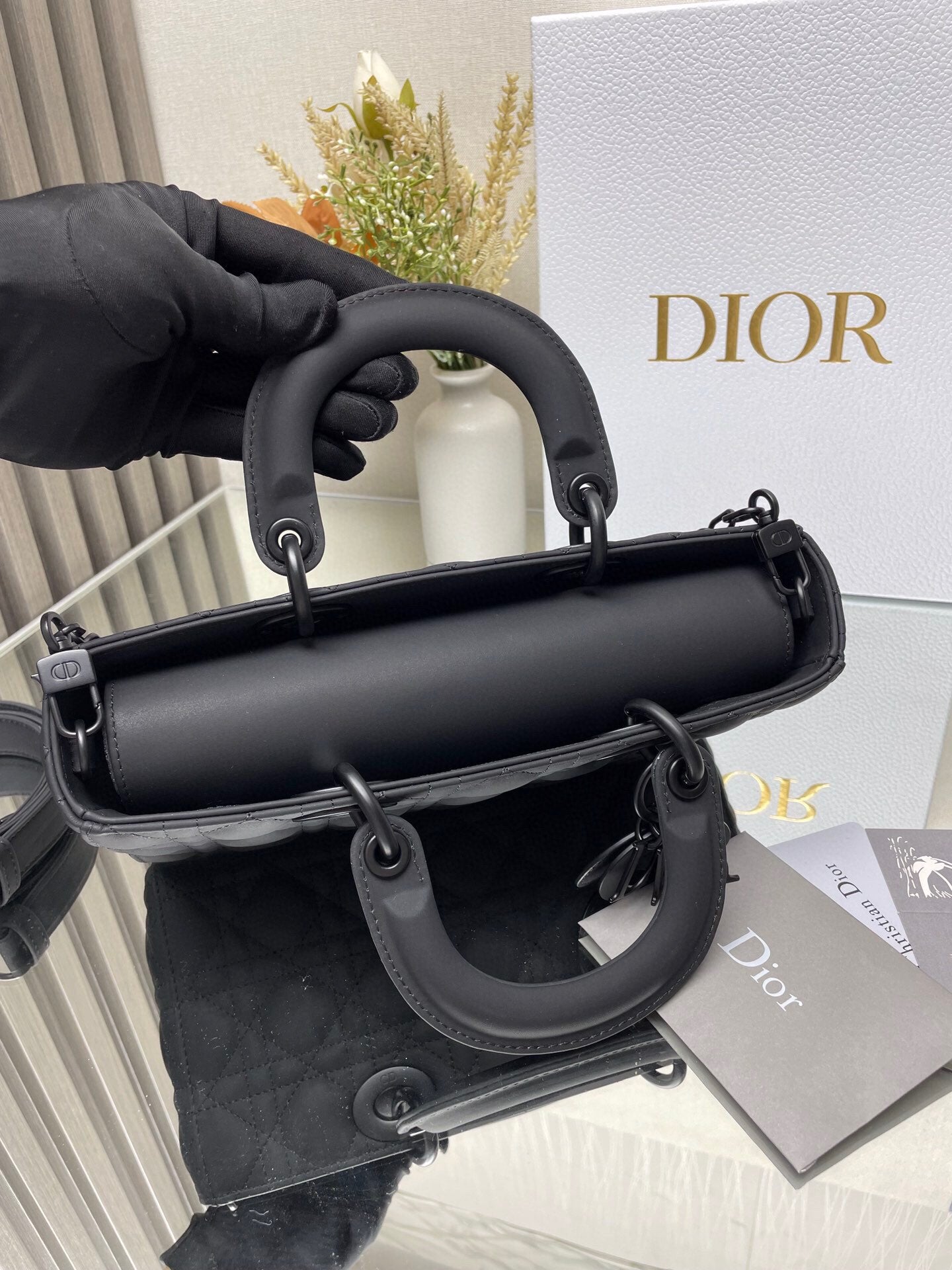 Dior Classic Matte Black Quilted Leather Top Handle Crossbody Bag