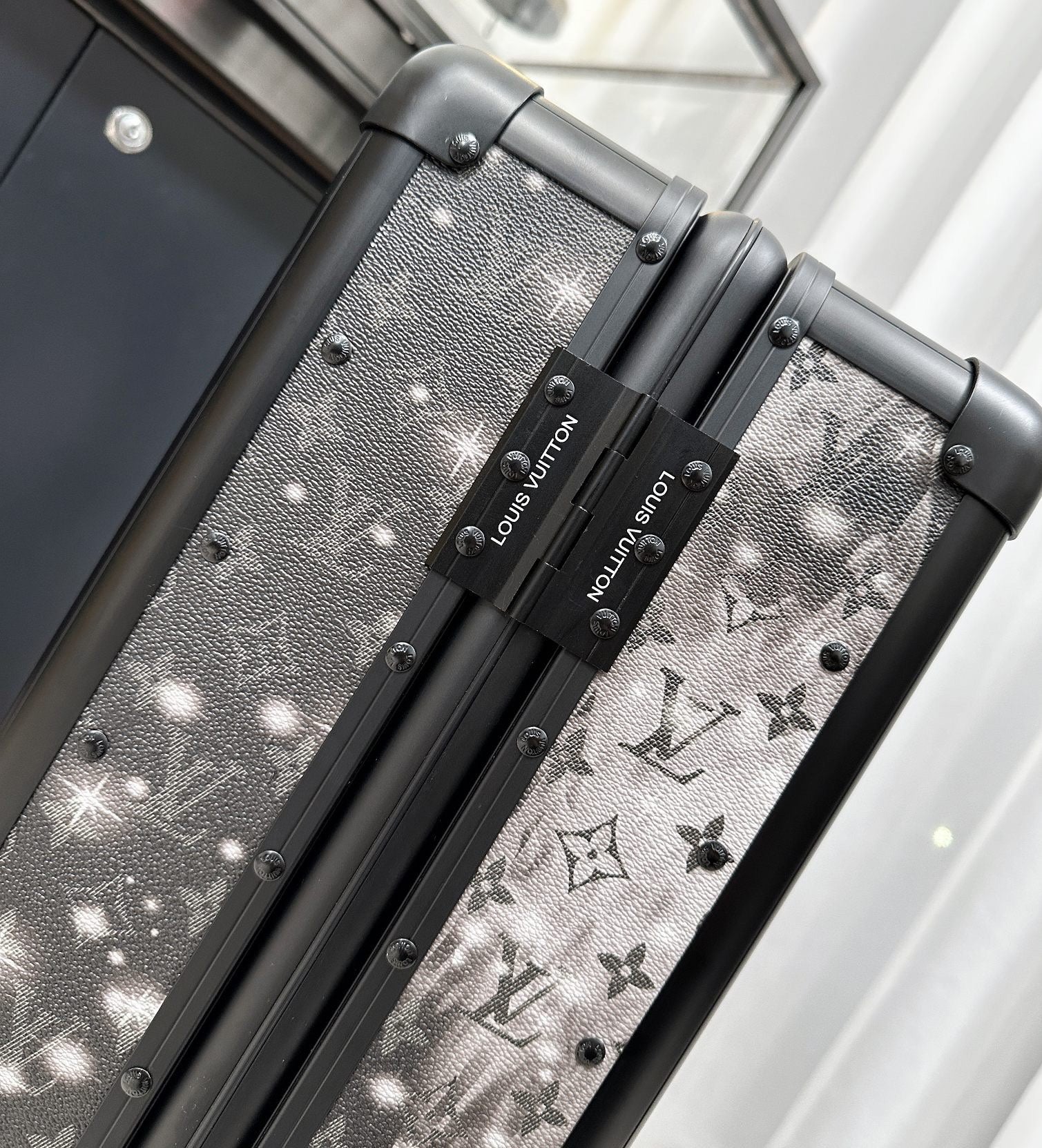 Black and White Monogram Print Hardside Spinner Carry-On Suitcase