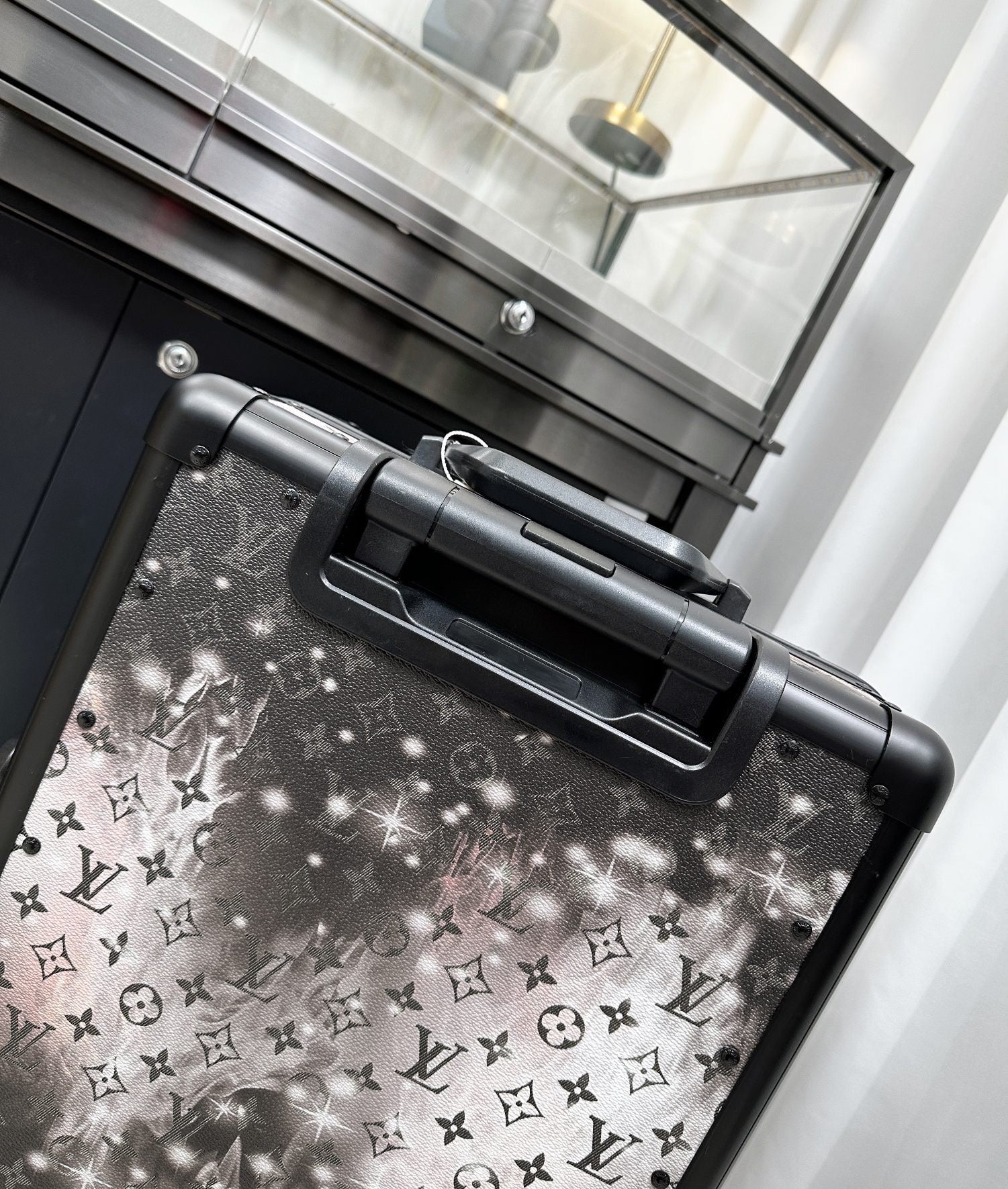 Black and White Monogram Print Hardside Spinner Carry-On Suitcase