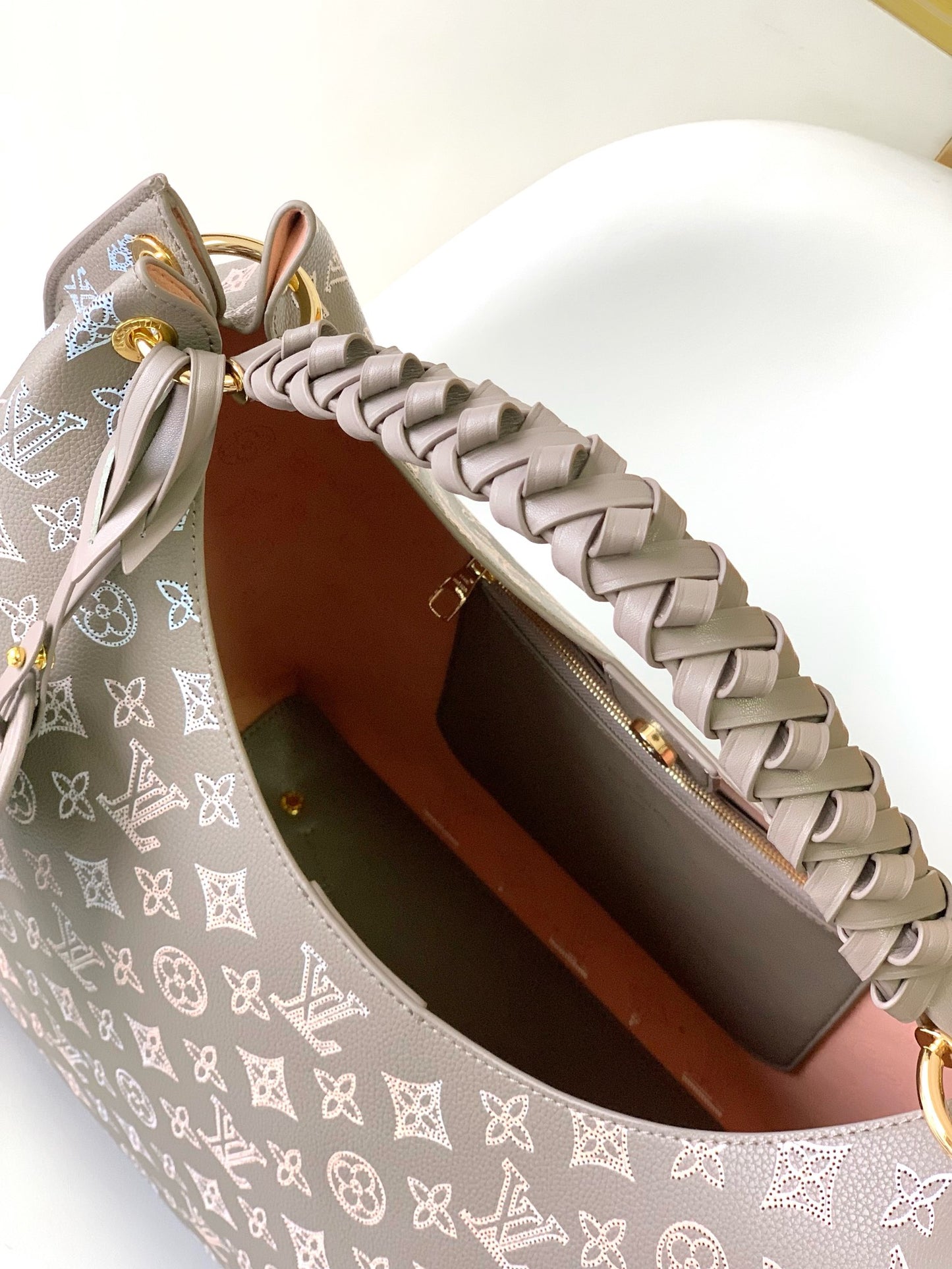 Louis Vuitton Taupe Monogram Leather Hobo Bag with Braided Handle