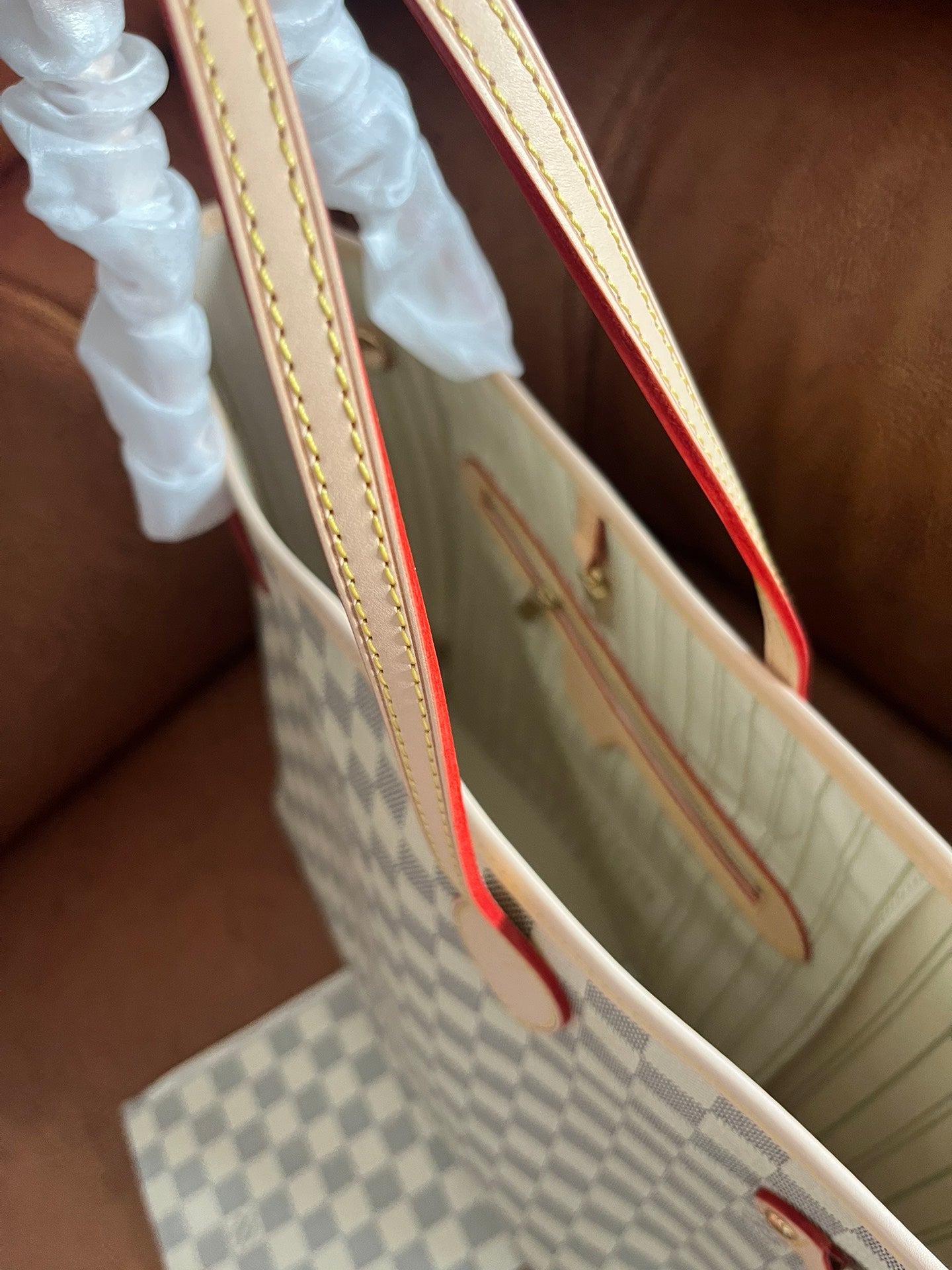 Louis Vuitton Classic Checkerboard Pattern Tote Bag with Tan Leather Handles