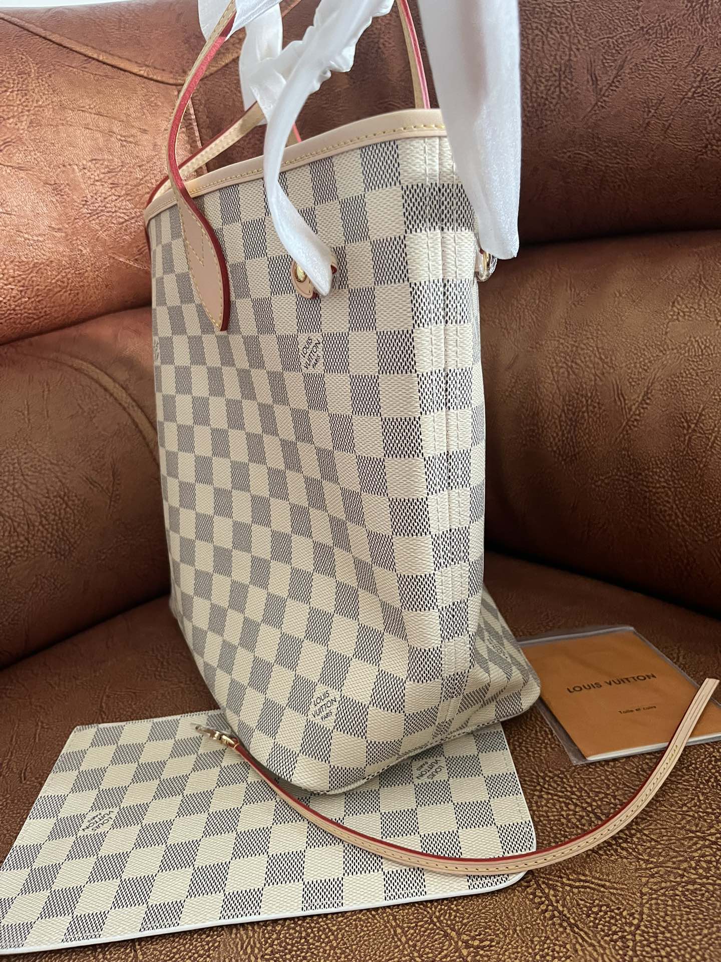 Louis Vuitton Classic Checkerboard Pattern Tote Bag with Tan Leather Handles