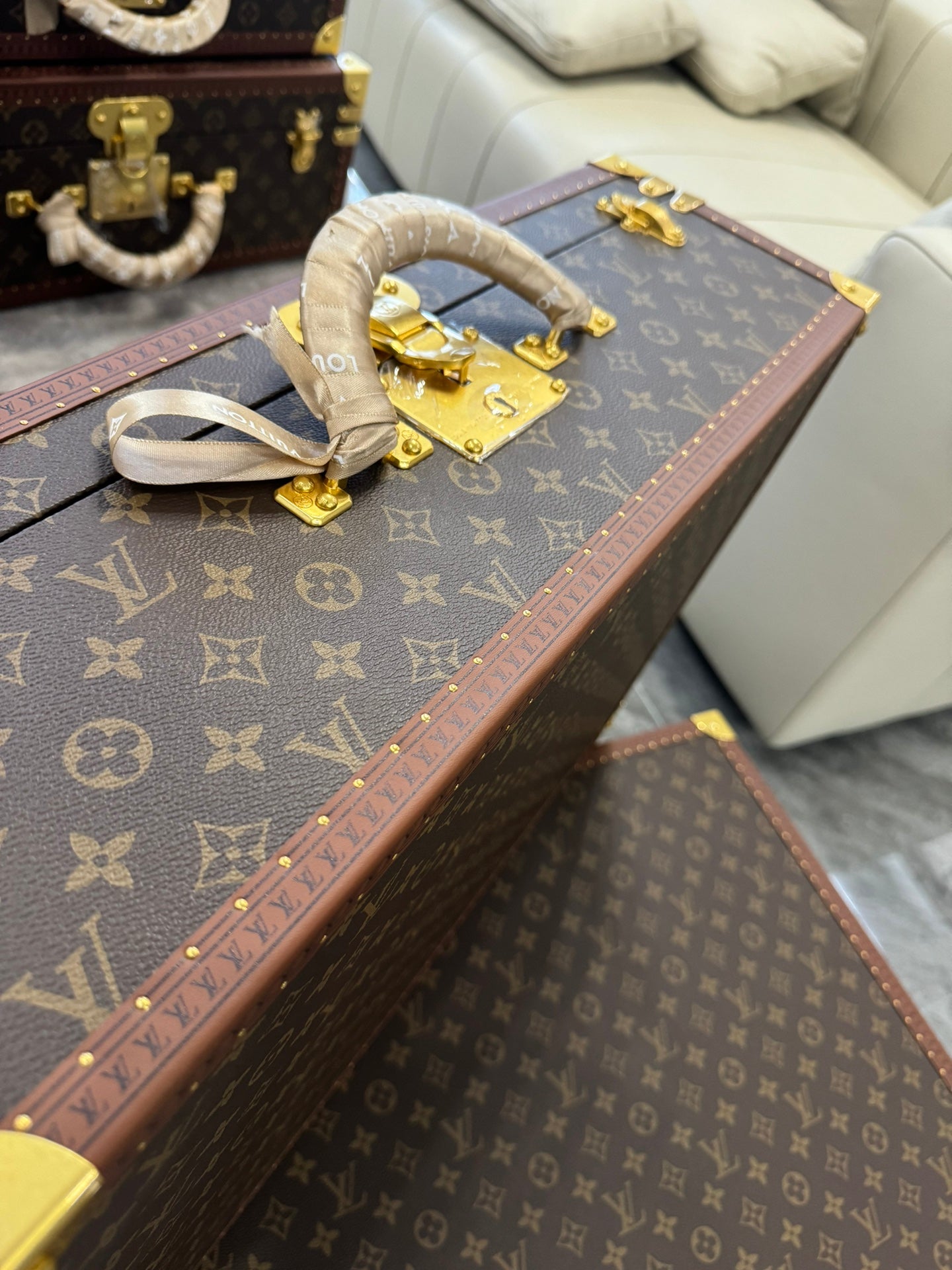 Vintage Brown Monogram Pattern Hard Trunk Case with Gold Latch