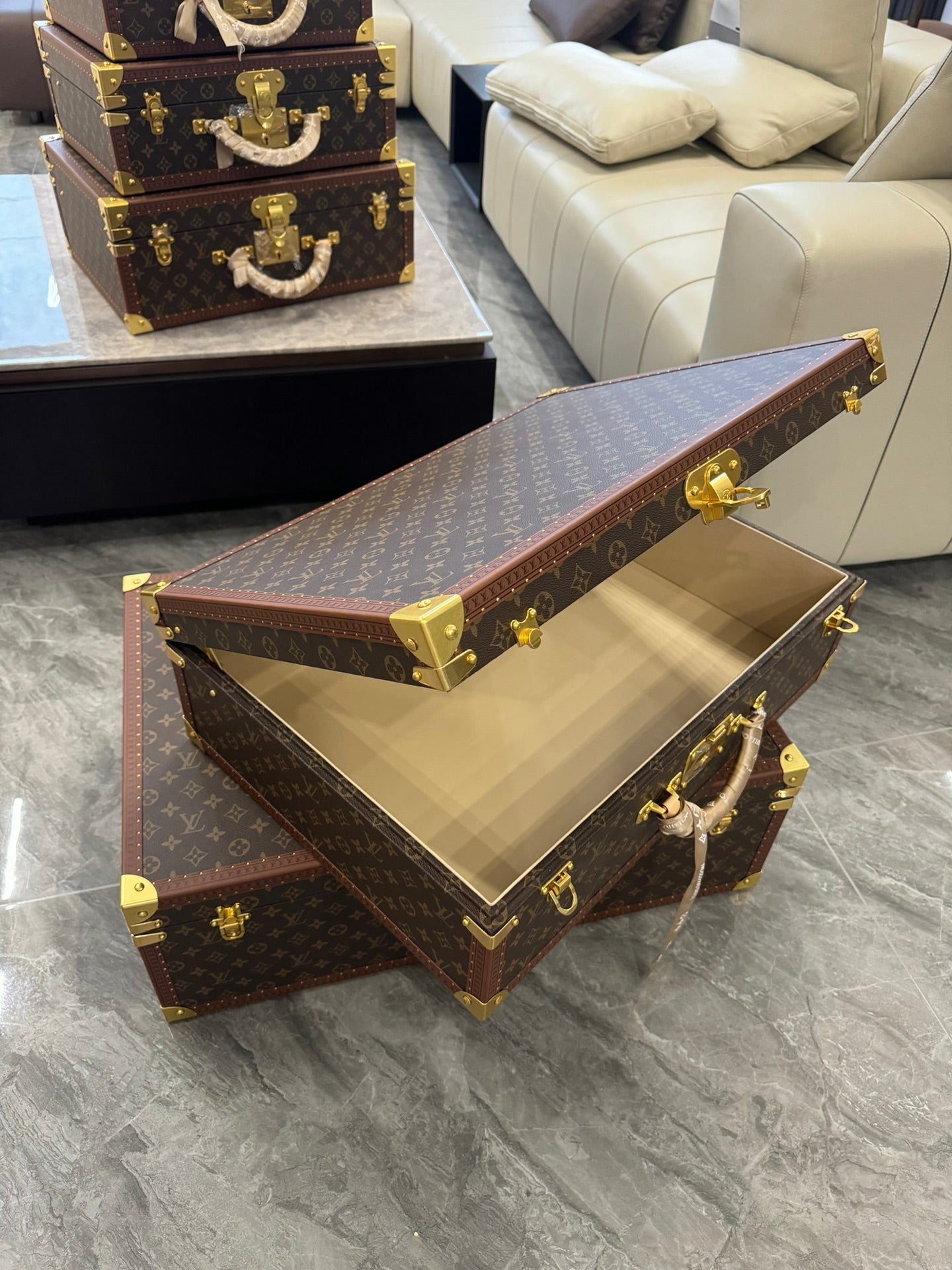 Vintage Brown Monogram Pattern Hard Trunk Case with Gold Latch