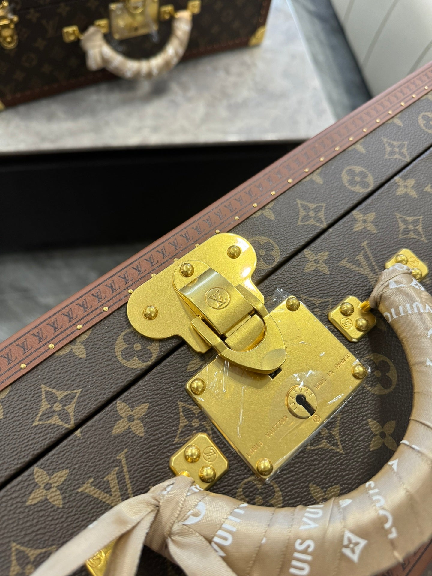Vintage Brown Monogram Pattern Hard Trunk Case with Gold Latch