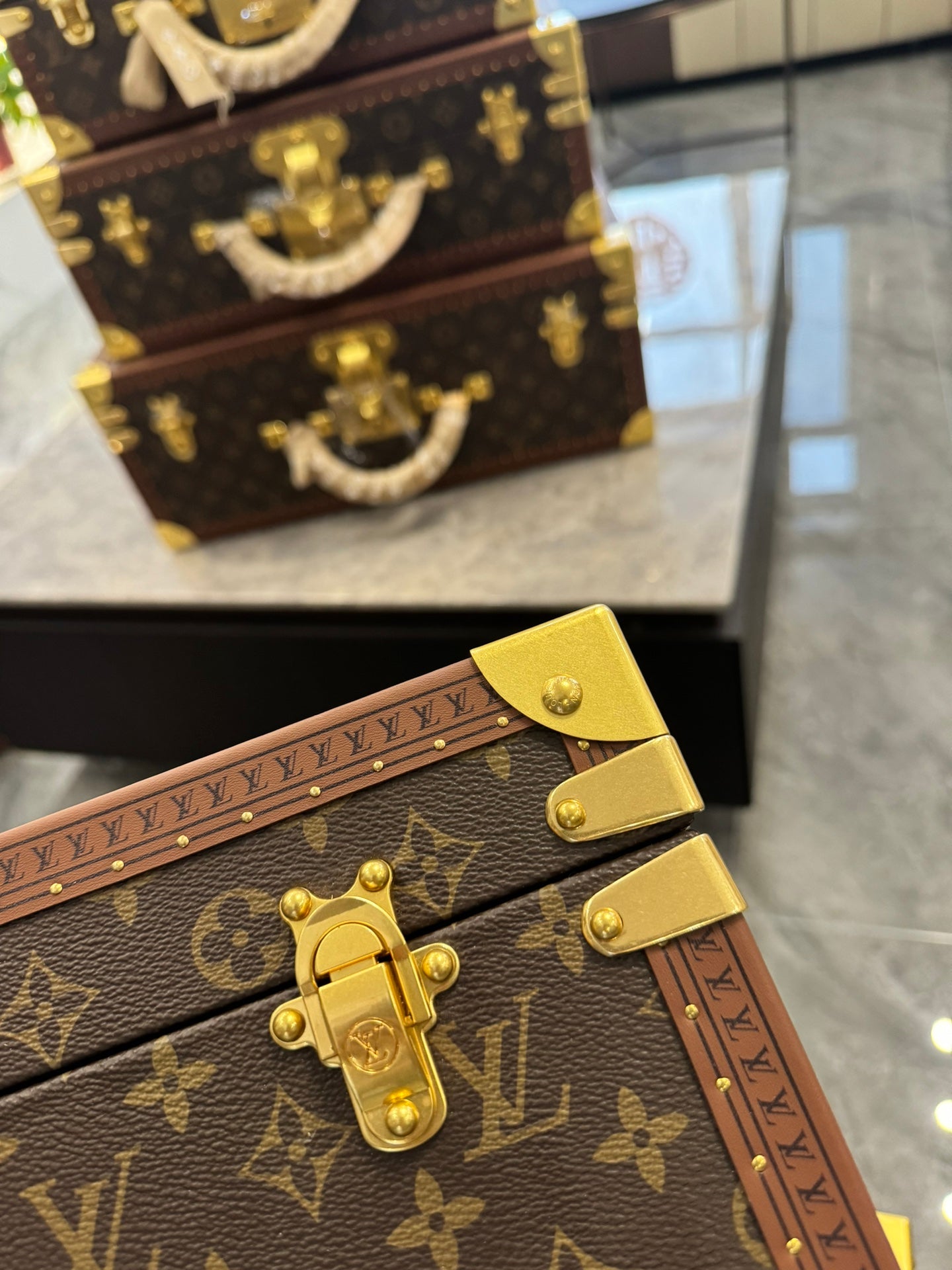 Vintage Brown Monogram Pattern Hard Trunk Case with Gold Latch