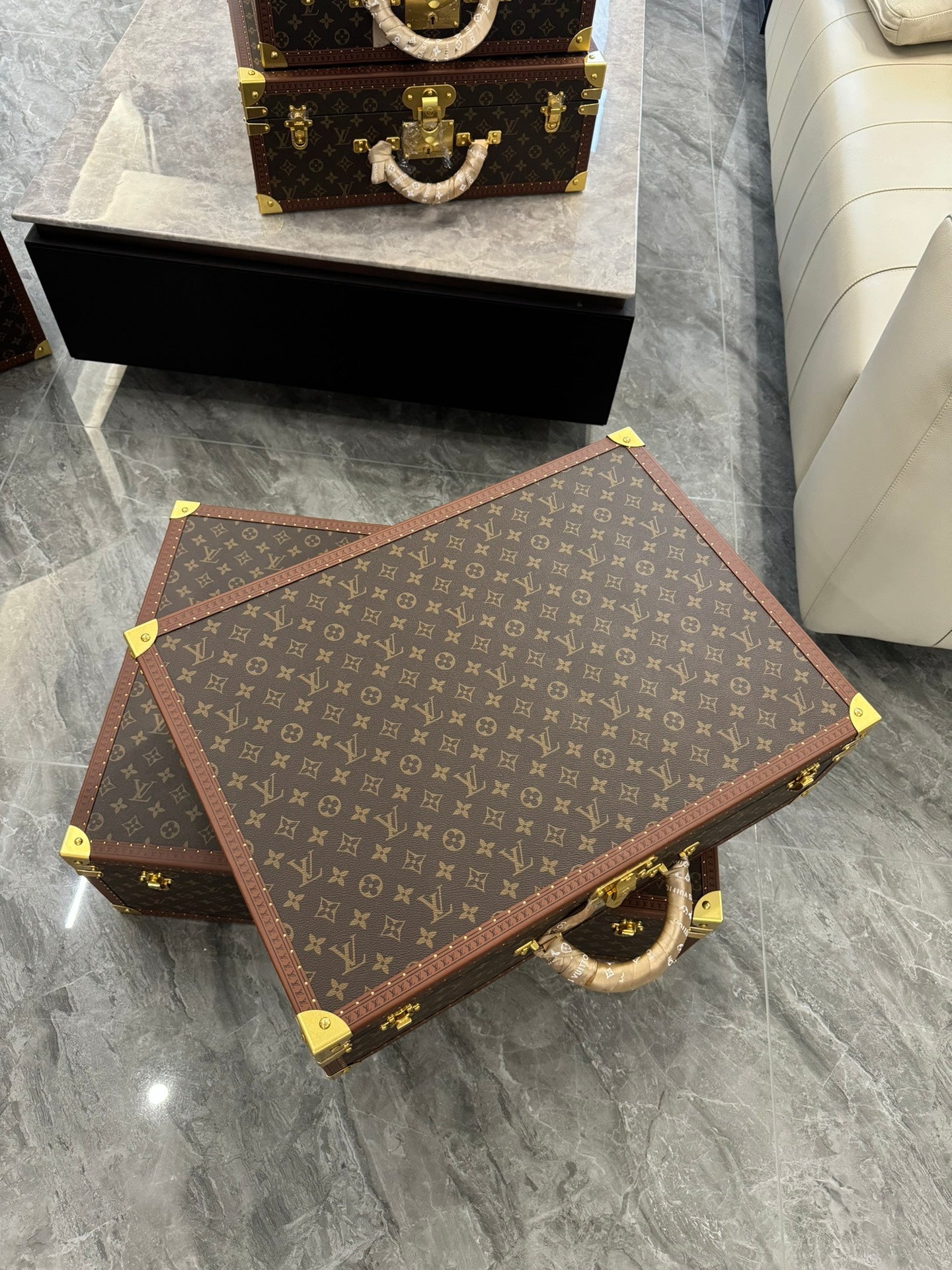 Vintage Monogram Hardcase Trunk Suitcase Set with Gold Accents