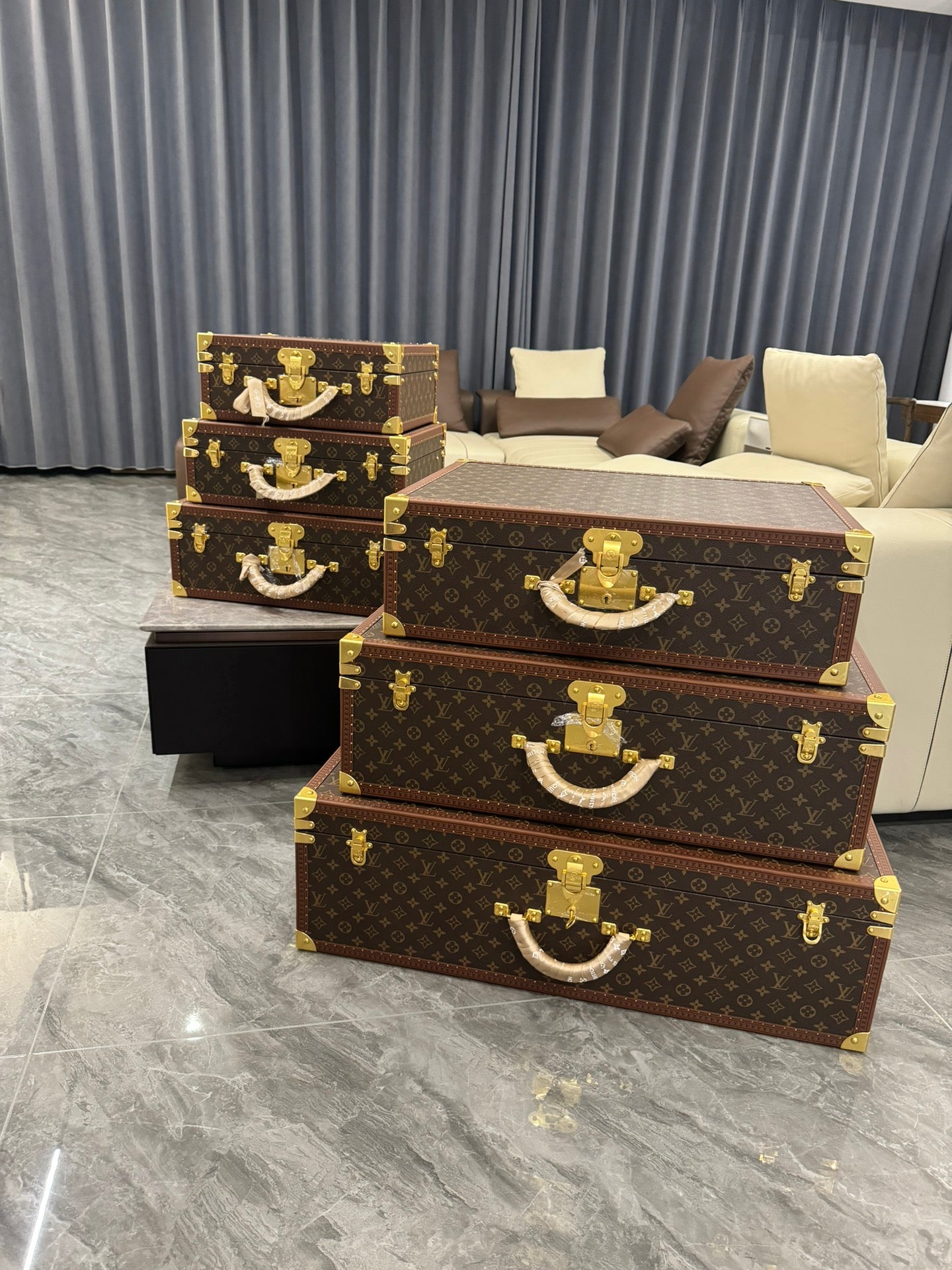 Vintage Monogram Hardcase Trunk Suitcase Set with Gold Accents