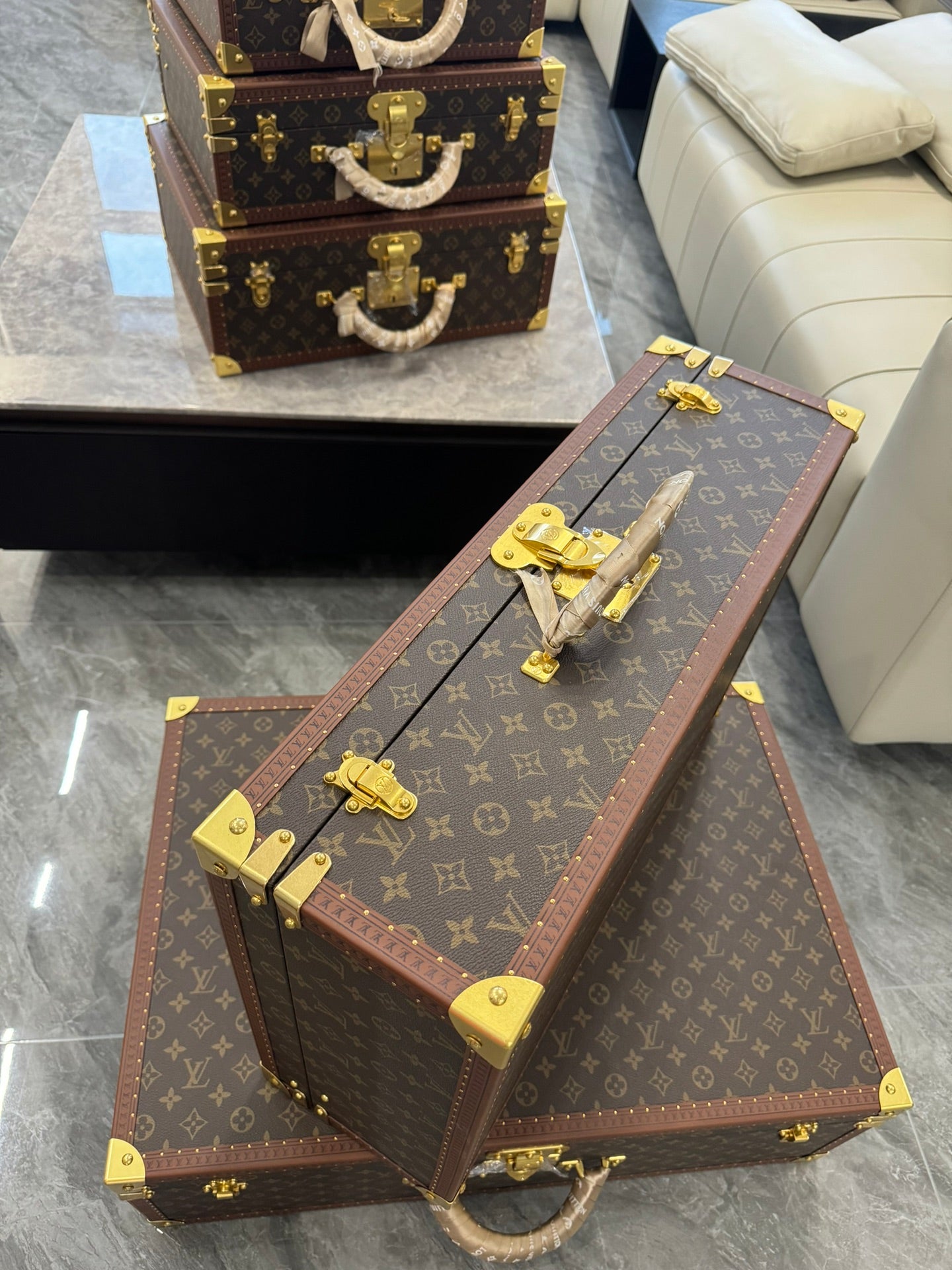 Vintage Monogram Hardcase Trunk Suitcase Set with Gold Accents