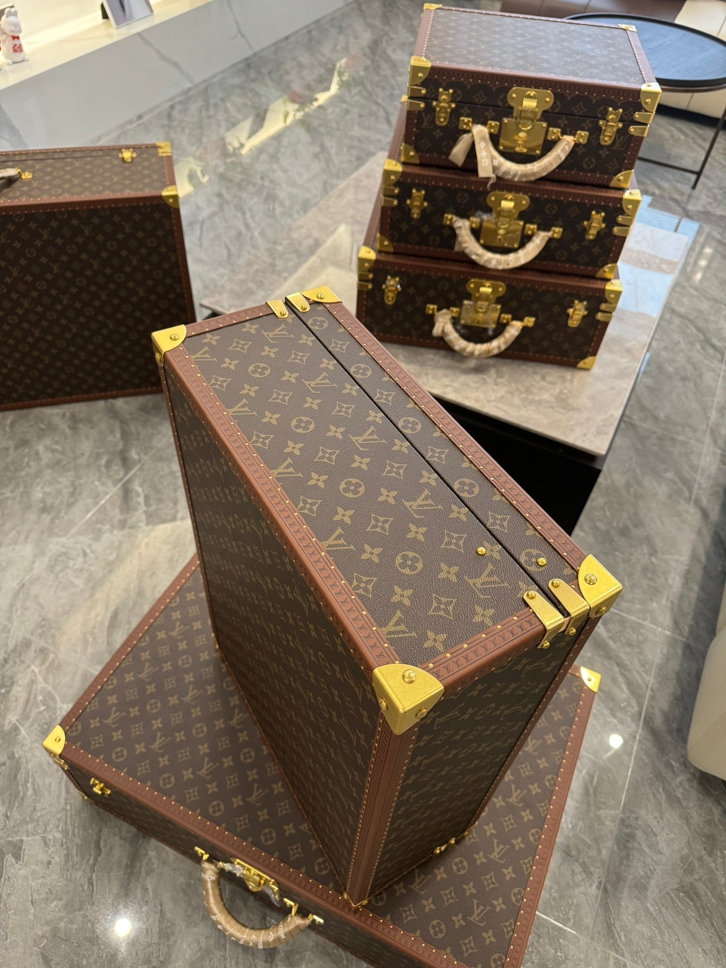 Vintage Monogram Hardcase Trunk Suitcase Set with Gold Accents