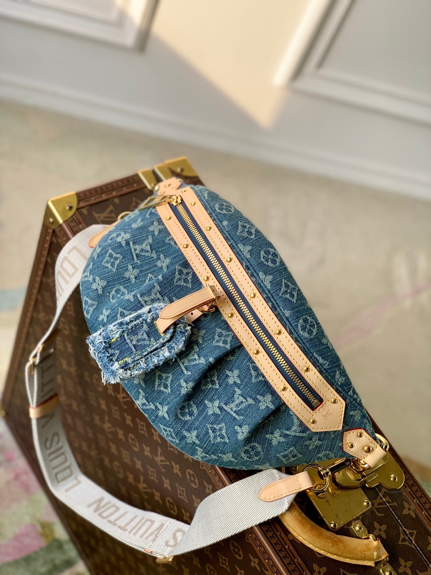 Louis Vuitton Blue Denim Monogram Print Belt Bag with Leather Trim