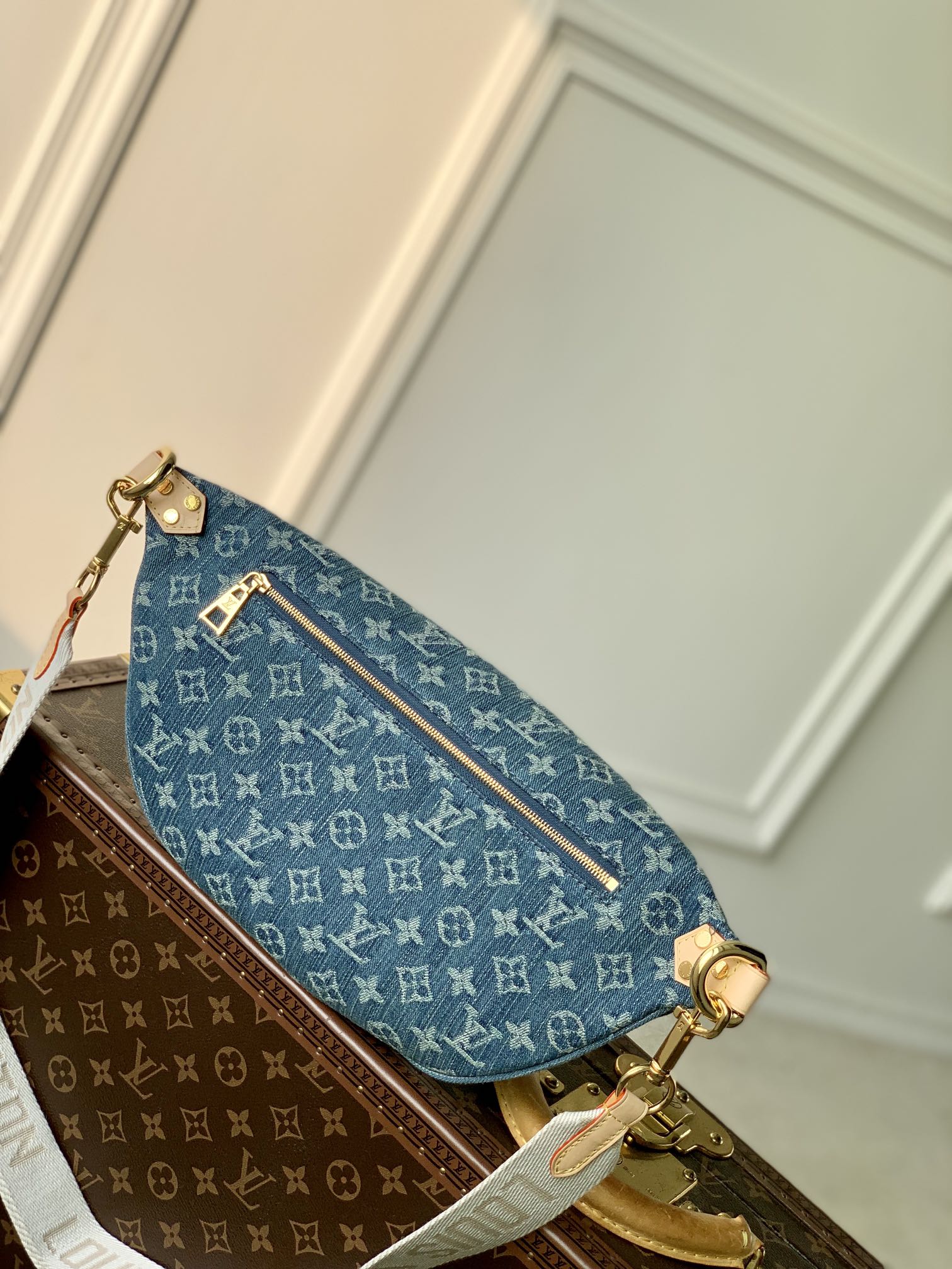 Louis Vuitton Blue Denim Monogram Print Belt Bag with Leather Trim