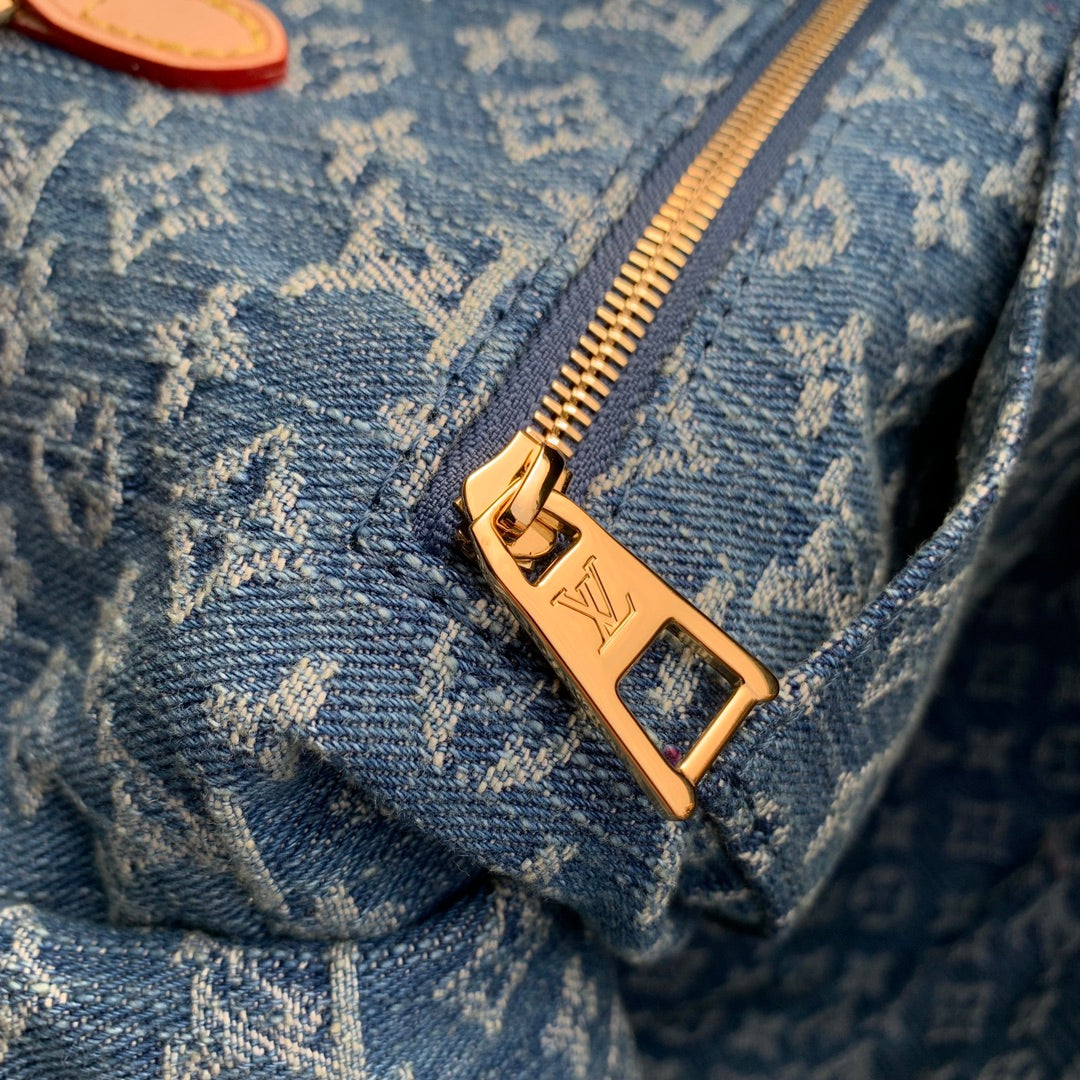Louis Vuitton Classic Blue Denim Monogram Pattern Tote Handbag with Leather Handles