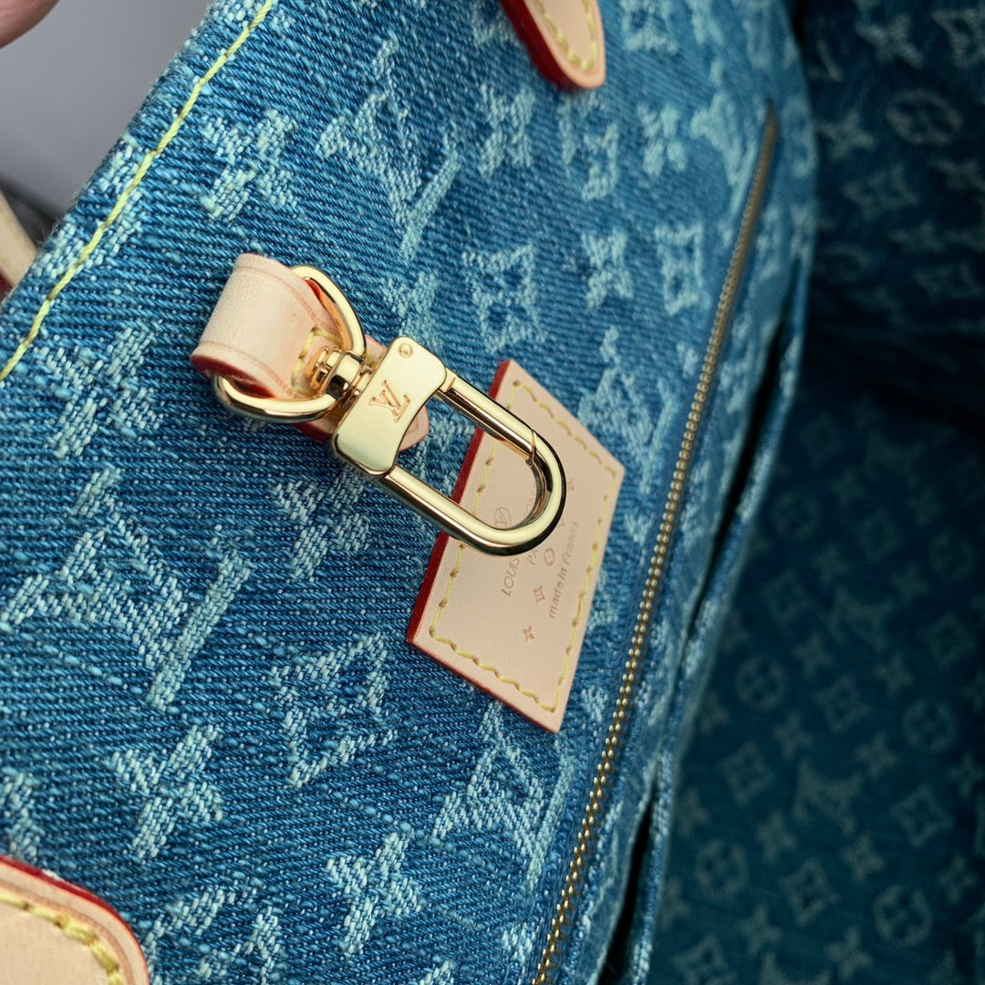 Louis Vuitton Classic Blue Denim Monogram Pattern Tote Handbag with Leather Handles