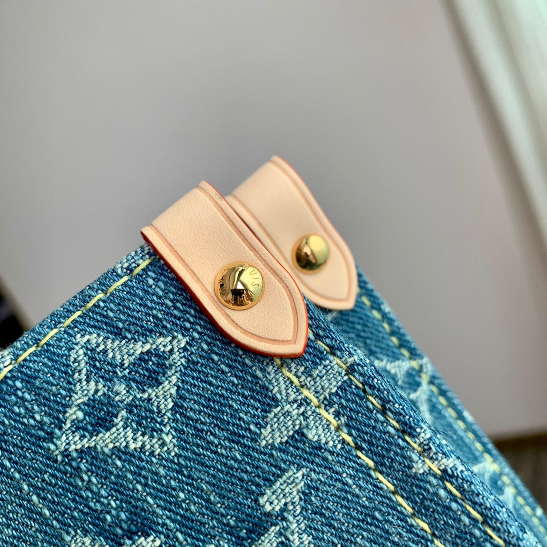 Louis Vuitton Classic Blue Denim Monogram Pattern Tote Handbag with Leather Handles