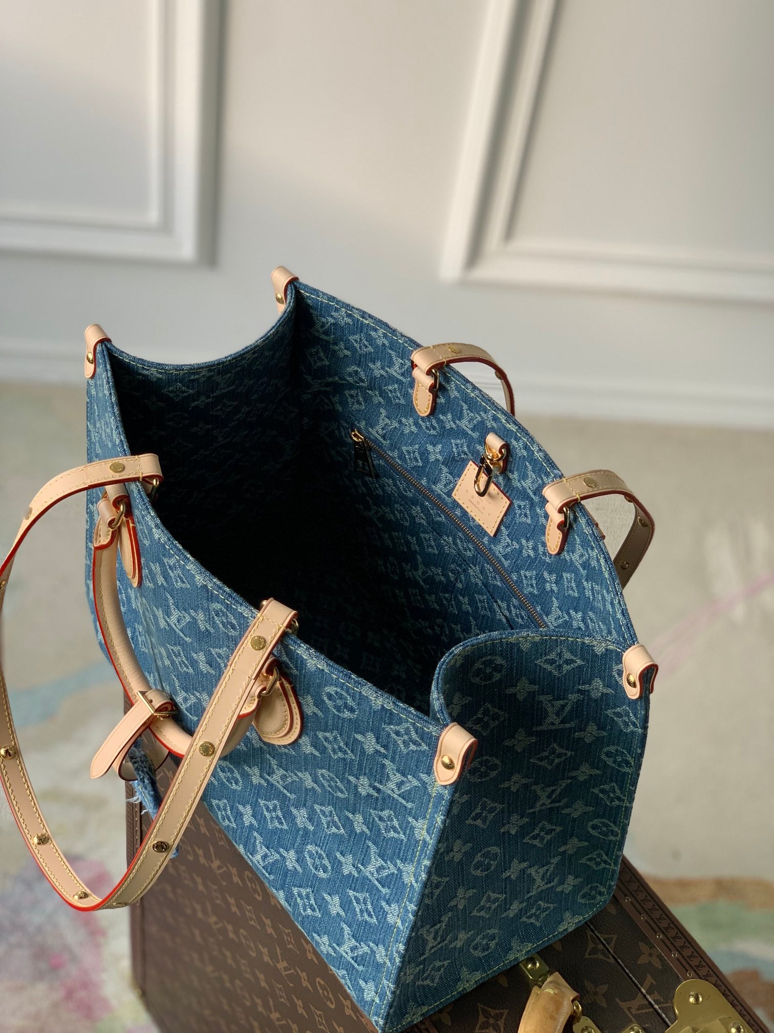 Louis Vuitton Classic Blue Denim Monogram Pattern Tote Handbag with Leather Handles