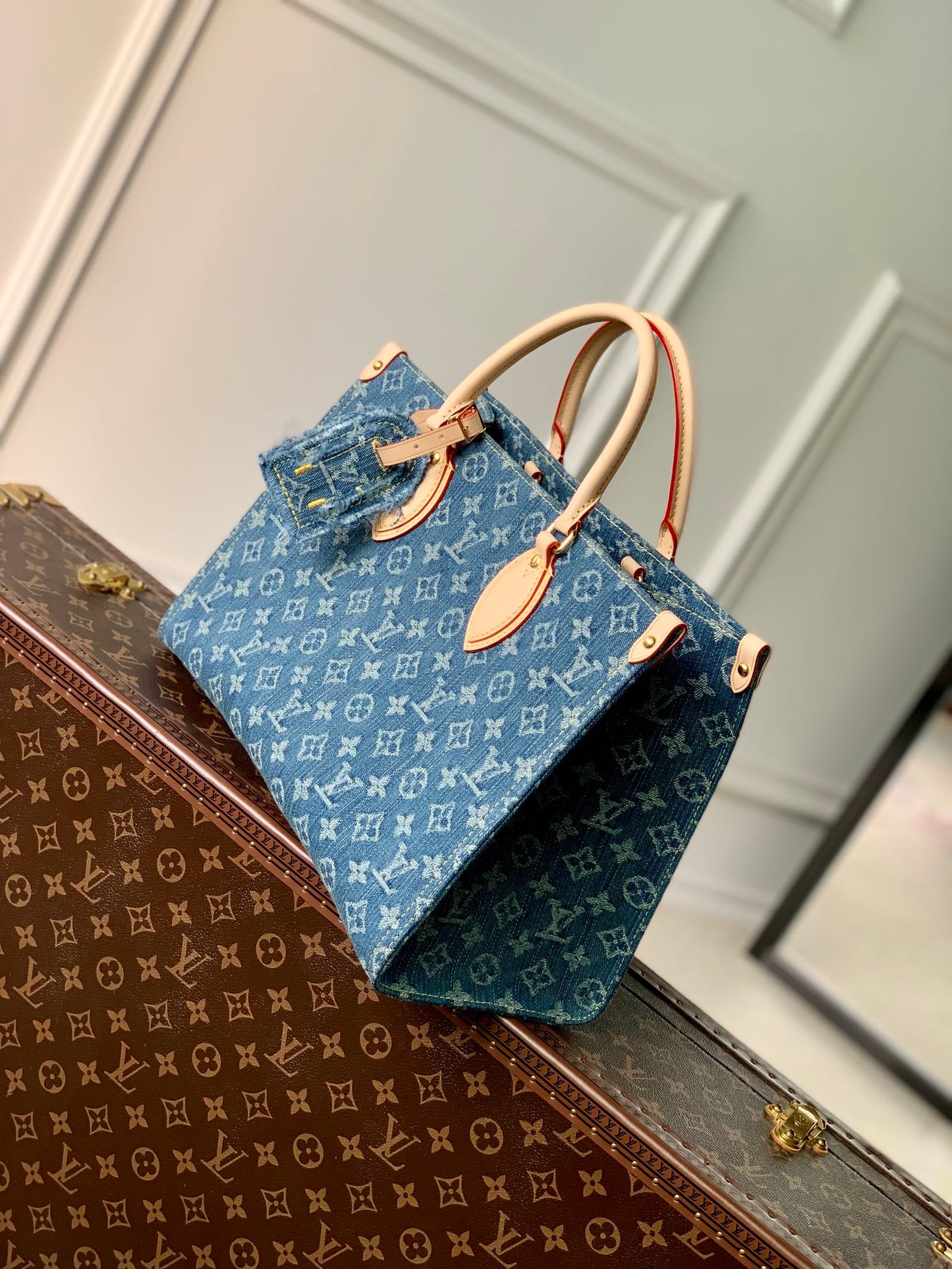 Louis Vuitton Classic Blue Denim Monogram Pattern Tote Handbag with Leather Handles