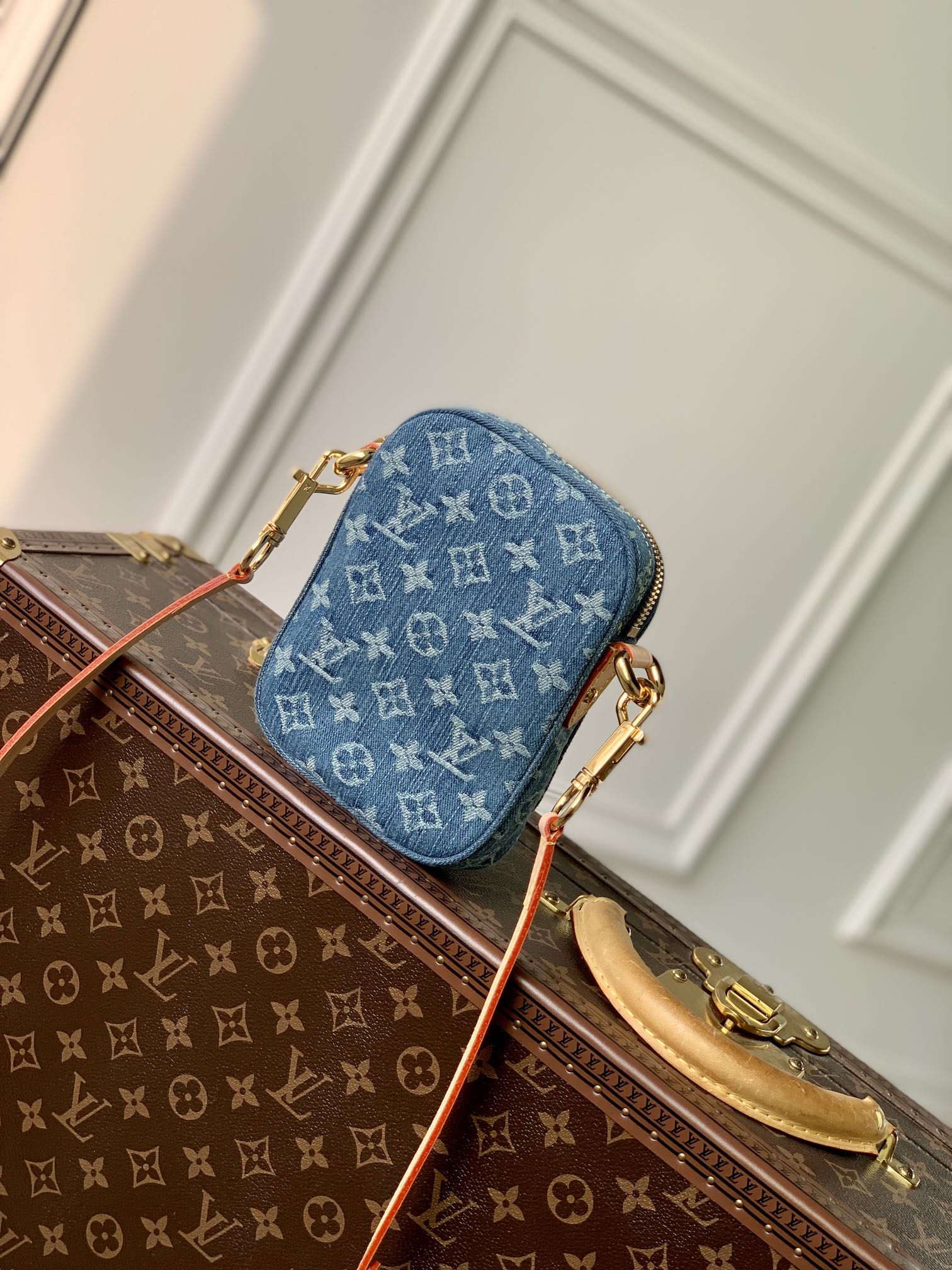 Louis Vuitton Vintage Monogram Blue Denim Crossbody Shoulder Bag with Gold Clasp