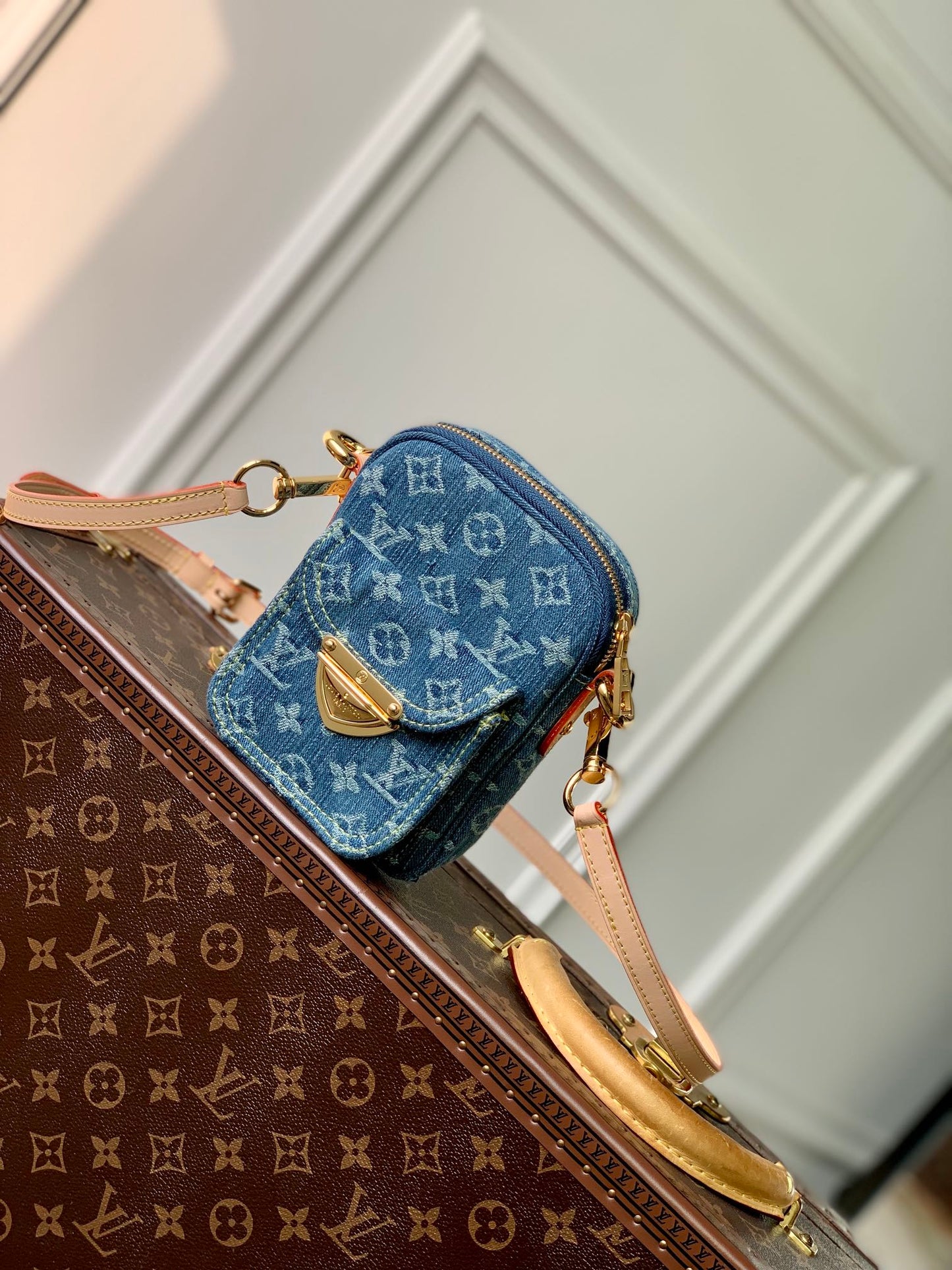 Louis Vuitton Vintage Monogram Blue Denim Crossbody Shoulder Bag with Gold Clasp