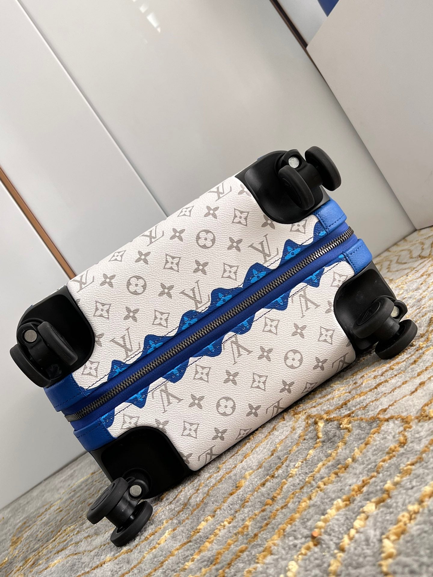 Blue Monogram Hardside Carry-On Spinner Suitcase with Cute Puppies