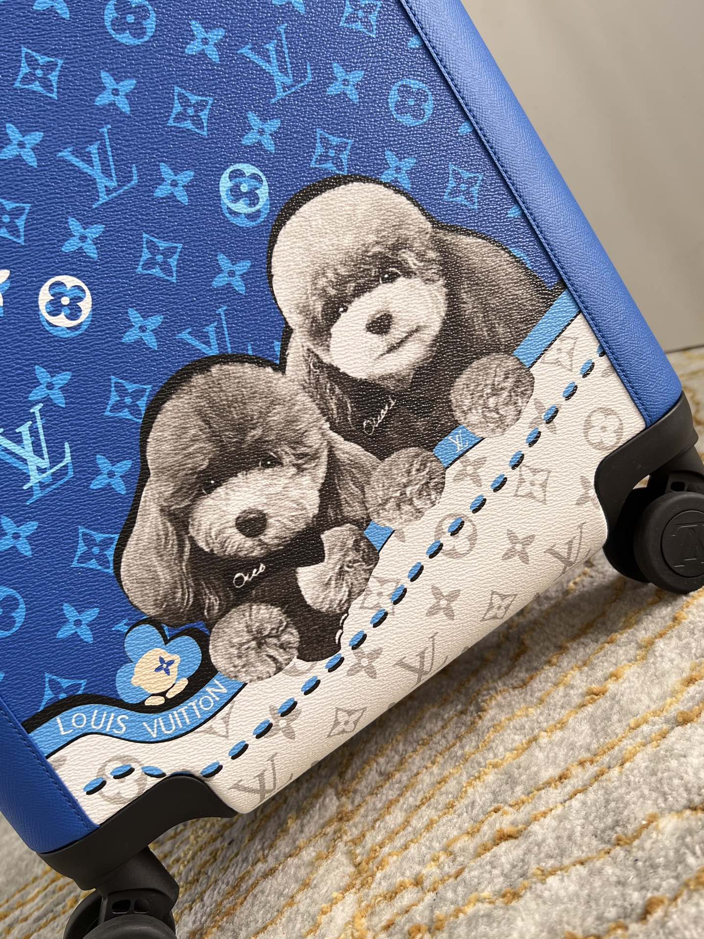 Blue Monogram Hardside Carry-On Spinner Suitcase with Cute Puppies