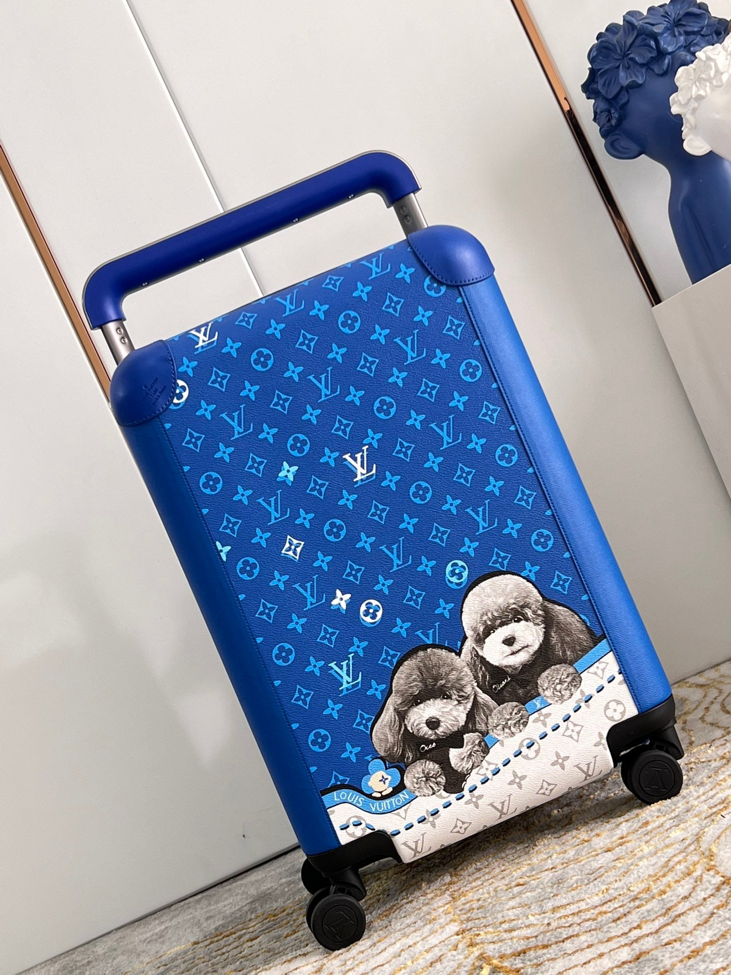 Blue Monogram Hardside Carry-On Spinner Suitcase with Cute Puppies