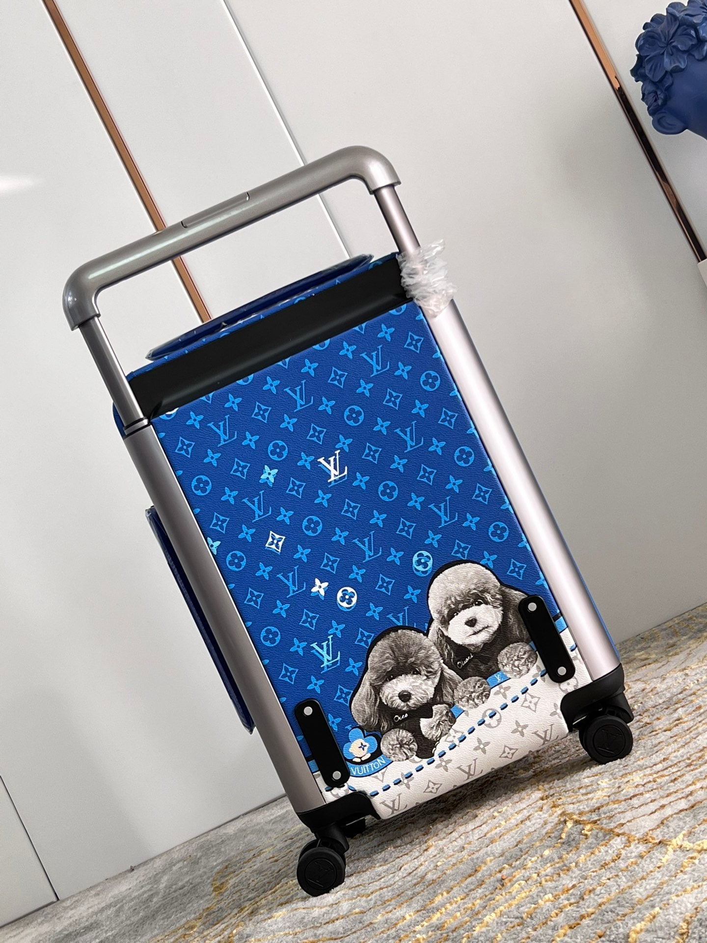 Blue Monogram Hardside Carry-On Spinner Suitcase with Cute Puppies