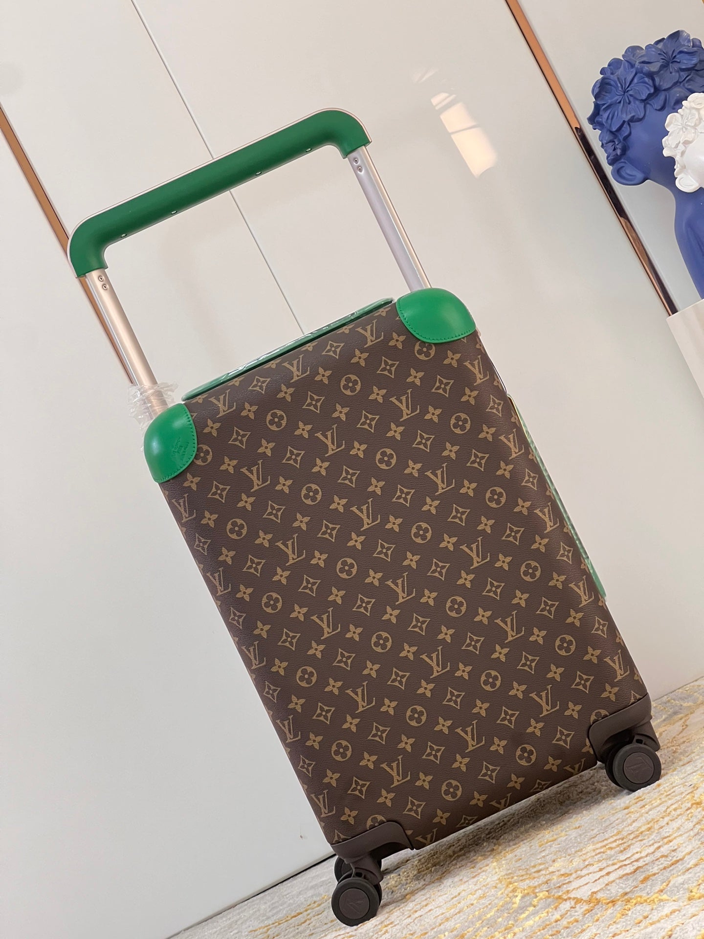Brown Monogram Travel Suitcase with Green Handle and Spinner Wheels