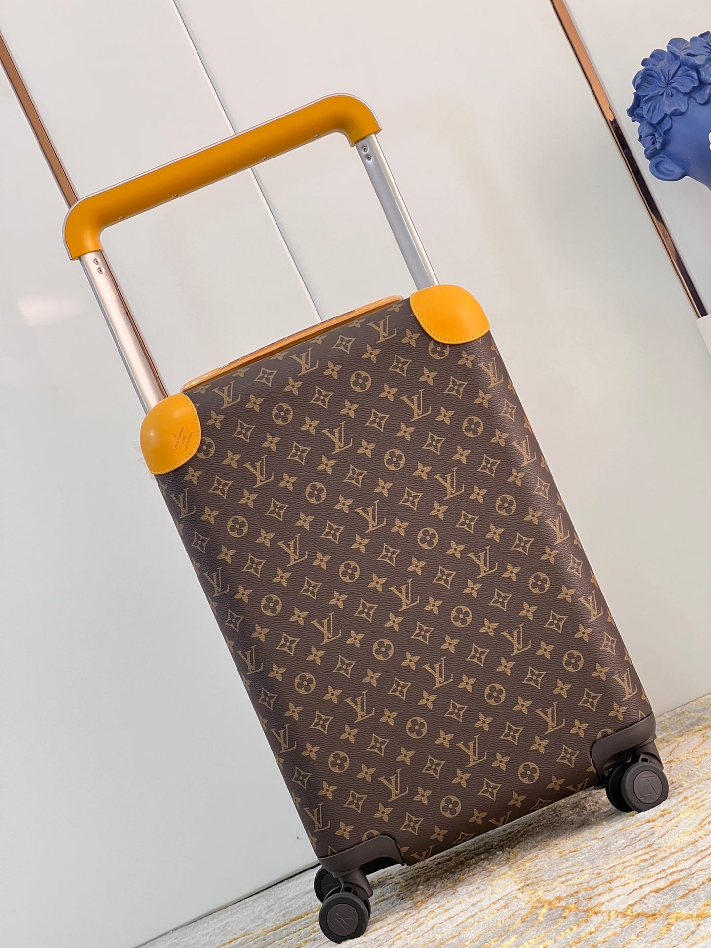 Classic Monogram Brown Rolling Carry-On Suitcase with Yellow Accents