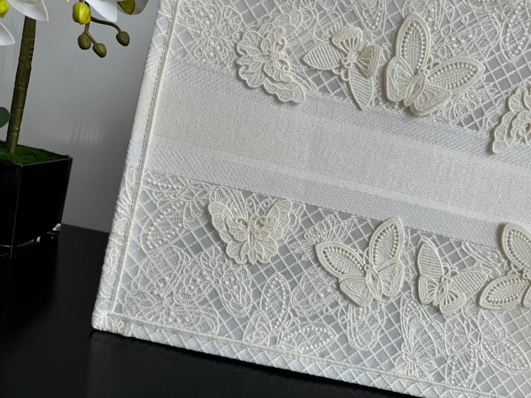 Dior Elegant White Canvas Tote Bag with 3D Embroidered Butterflies