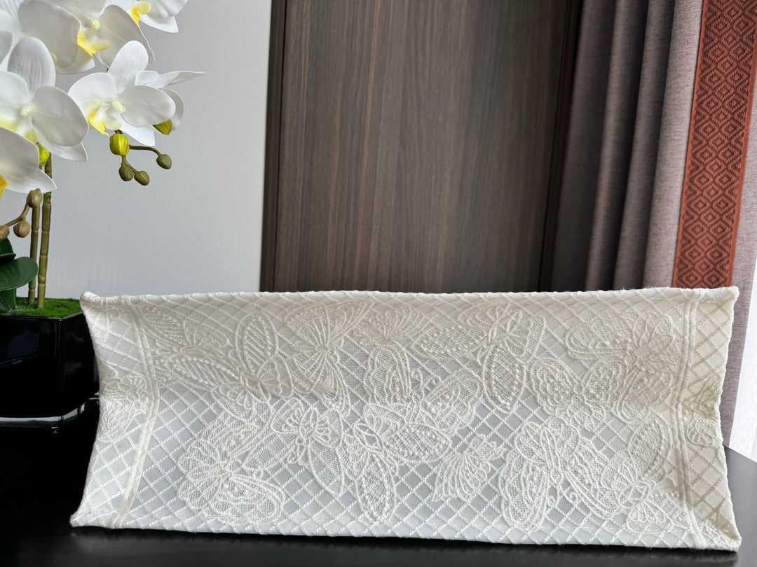 Dior Elegant White Canvas Tote Bag with 3D Embroidered Butterflies