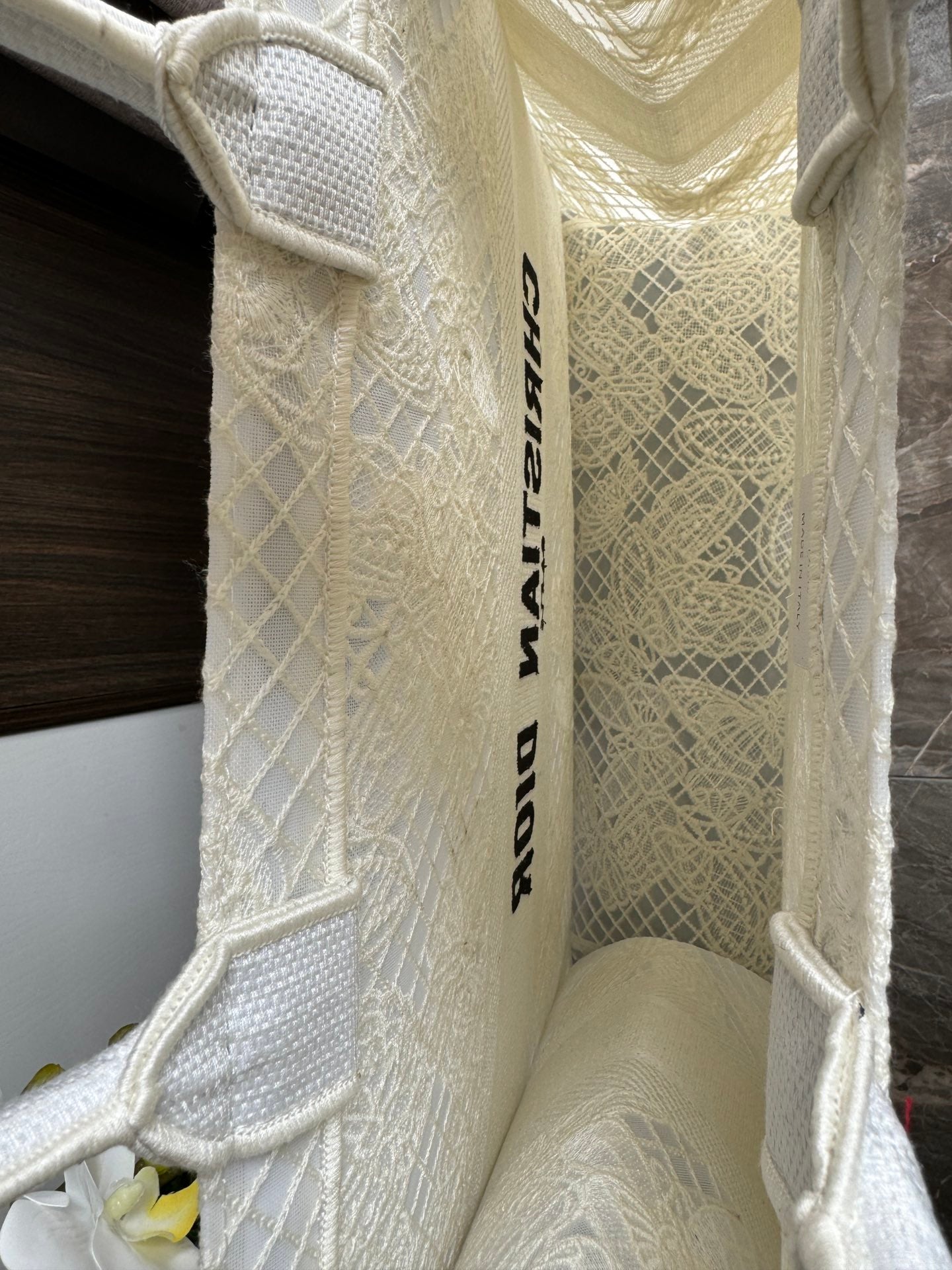 Dior Elegant White Canvas Tote Bag with 3D Embroidered Butterflies